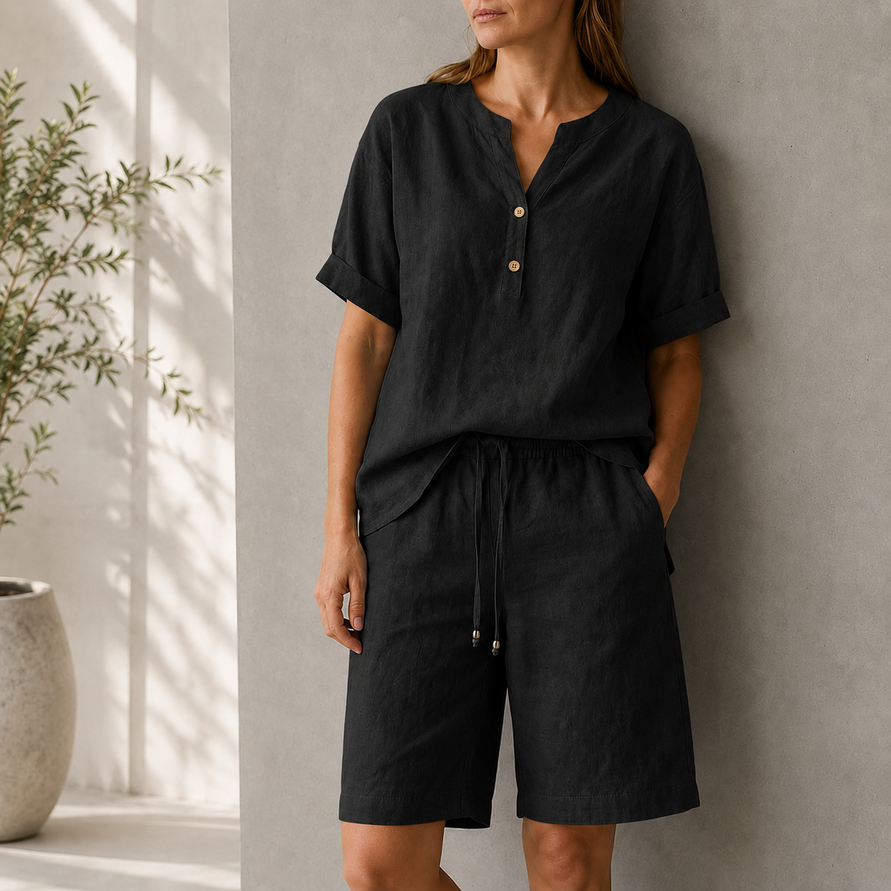 Classic Black relaxed top and shorts set