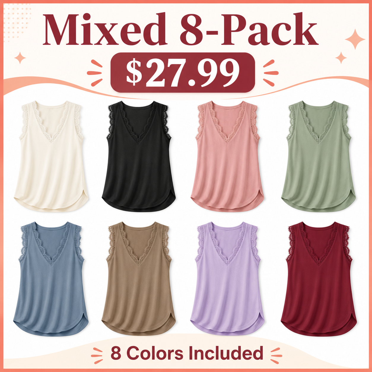 Mixed 8-Pack lace-trim sleeveless V-neck top bundle