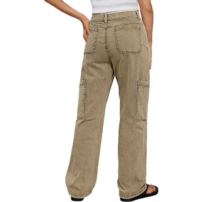 Stitch Detail Mid Waist Straight Leg Cargo Pants Without Belt