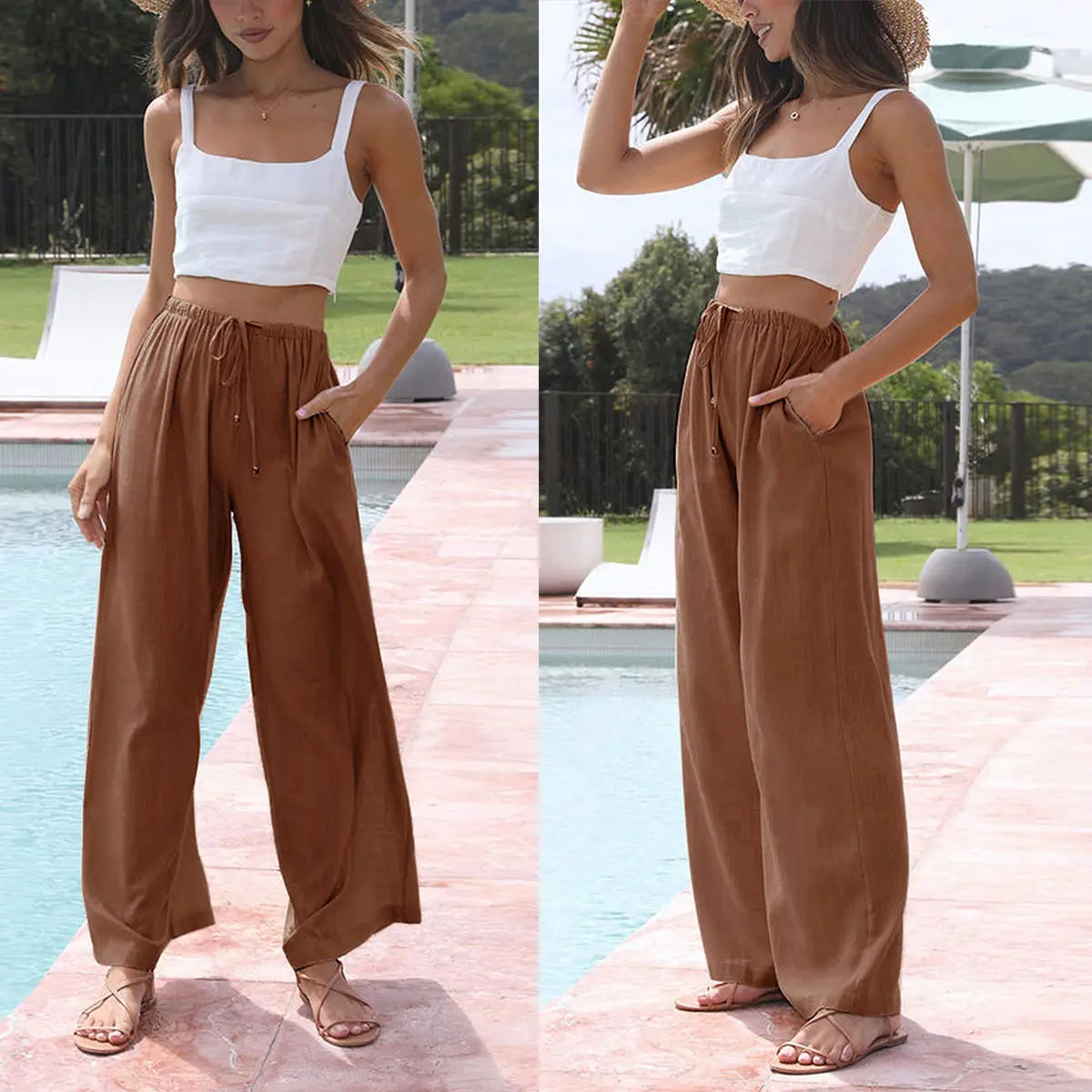 Women's  Cotton Linen 2026 Summer Palazzo Pants Flowy Wide Leg Beach Trousers with Pockets Casual Wideleg