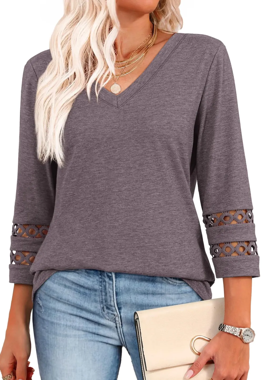 2026 Women's Trendy V-Neck T-Shirt with 3/4 Sleeves - Stylish & Comfortable Top