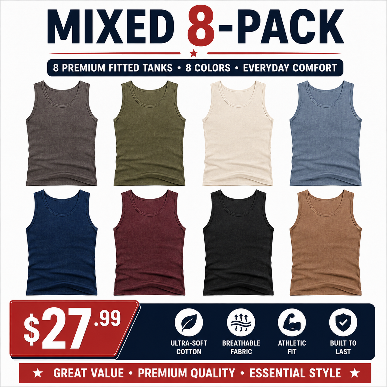 Mixed 8-Pack men's fitted ribbed tank top bundle
