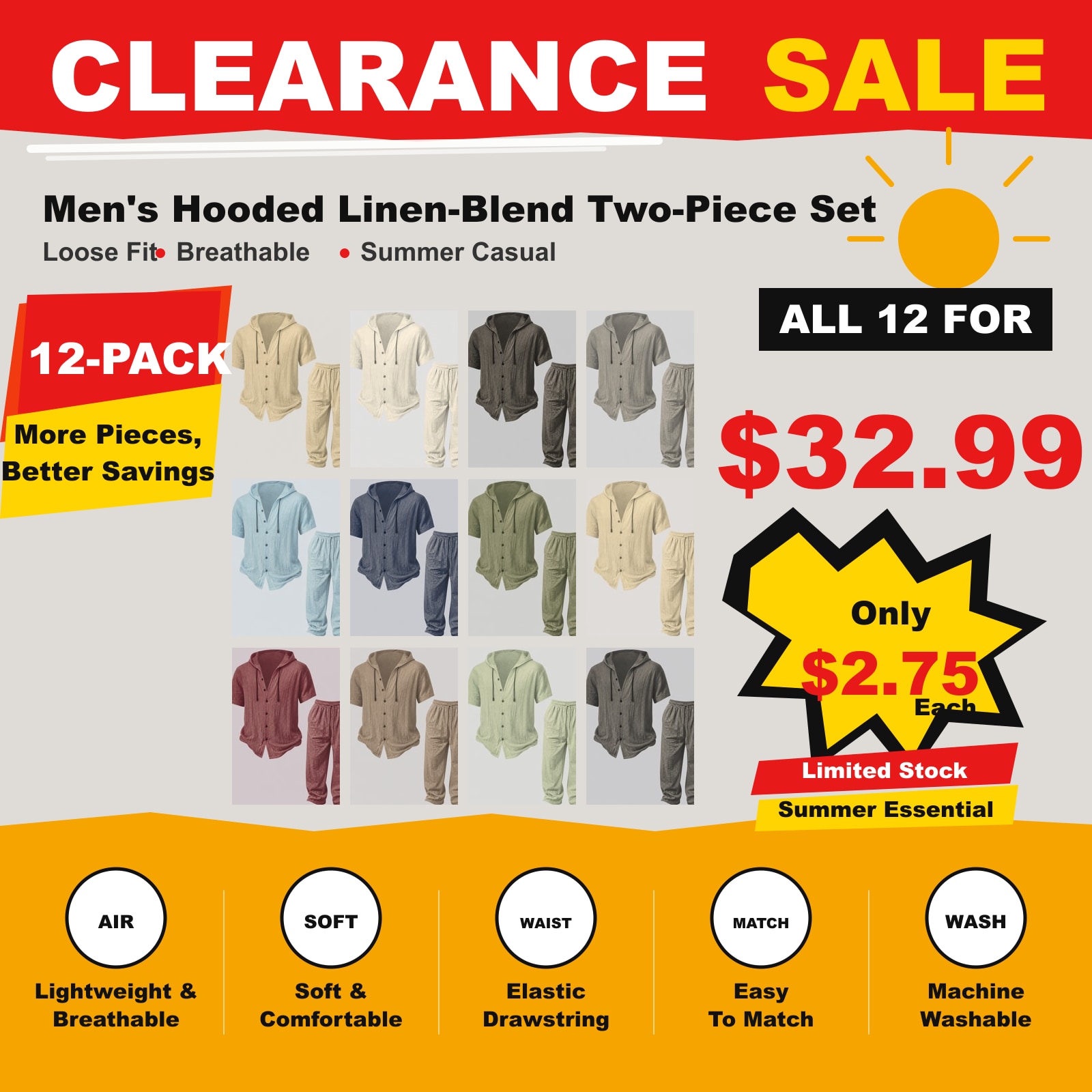 Mens Summer Hooded Sweatshirt Wide Leg Pants Set Mens Simple Casual Hooded Short Sleeve Shirt Button Loose Wide Leg Pants Holiday Relaxed Short Sleeve Two-piece Set 12 PCS Mixed Colors 12 PCS