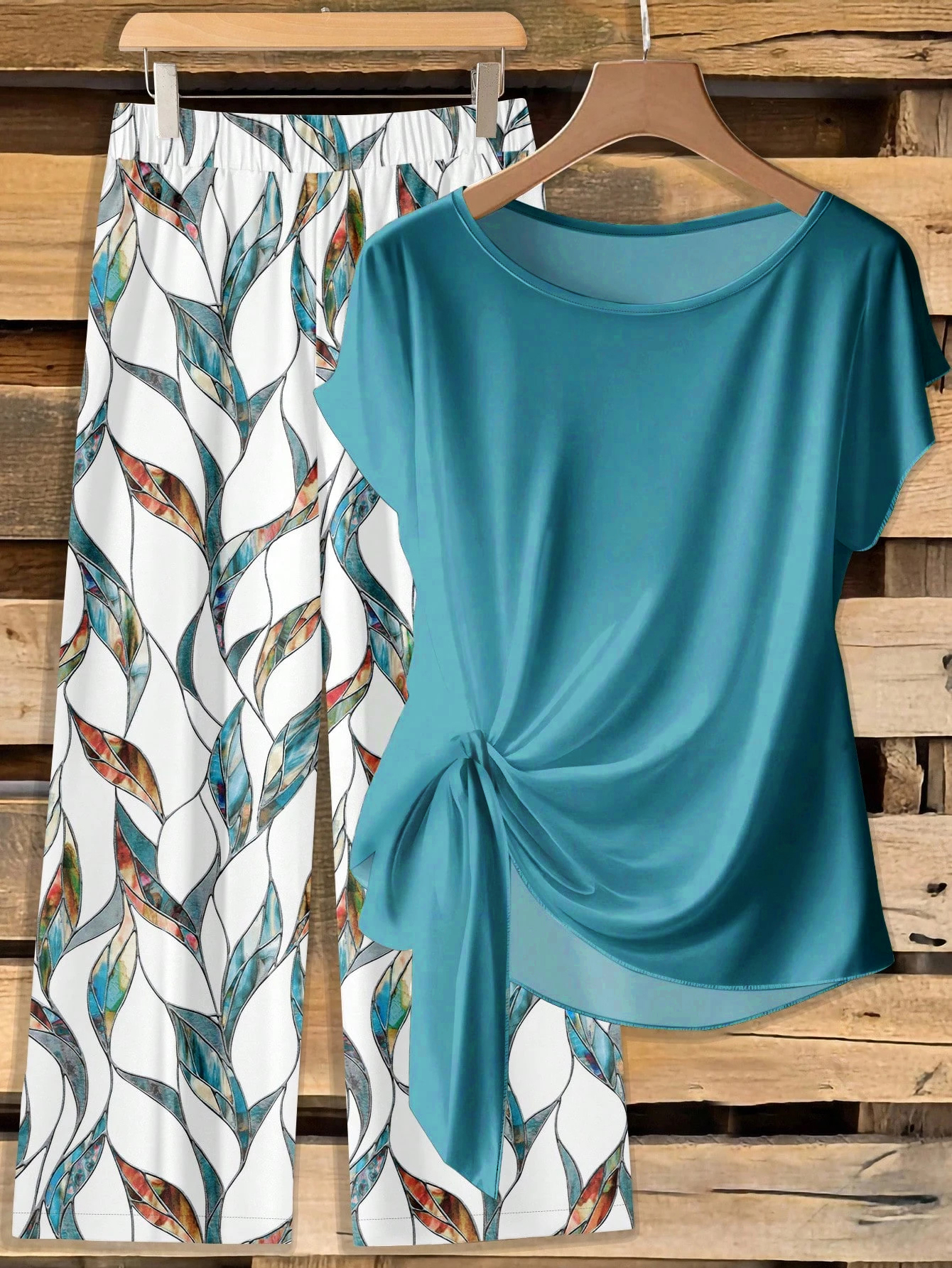 Women s Casual Printed Necktie Shirt & Loose Straight Pant Set