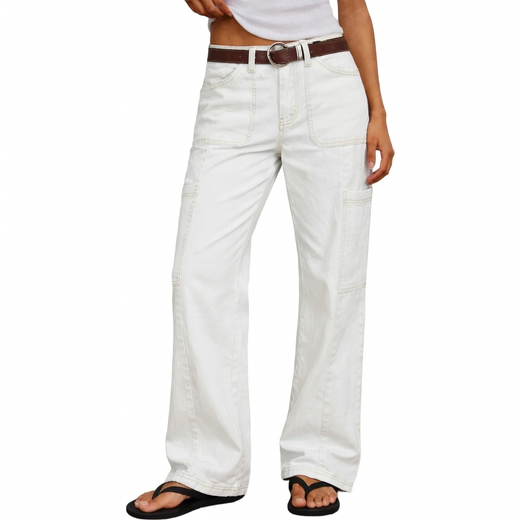 Stitch Detail Mid Waist Straight Leg Cargo Pants Without Belt