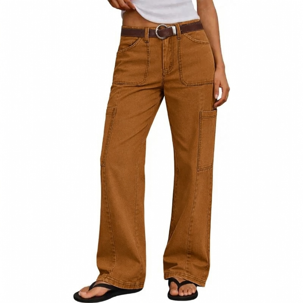 Stitch Detail Mid Waist Straight Leg Cargo Pants Without Belt
