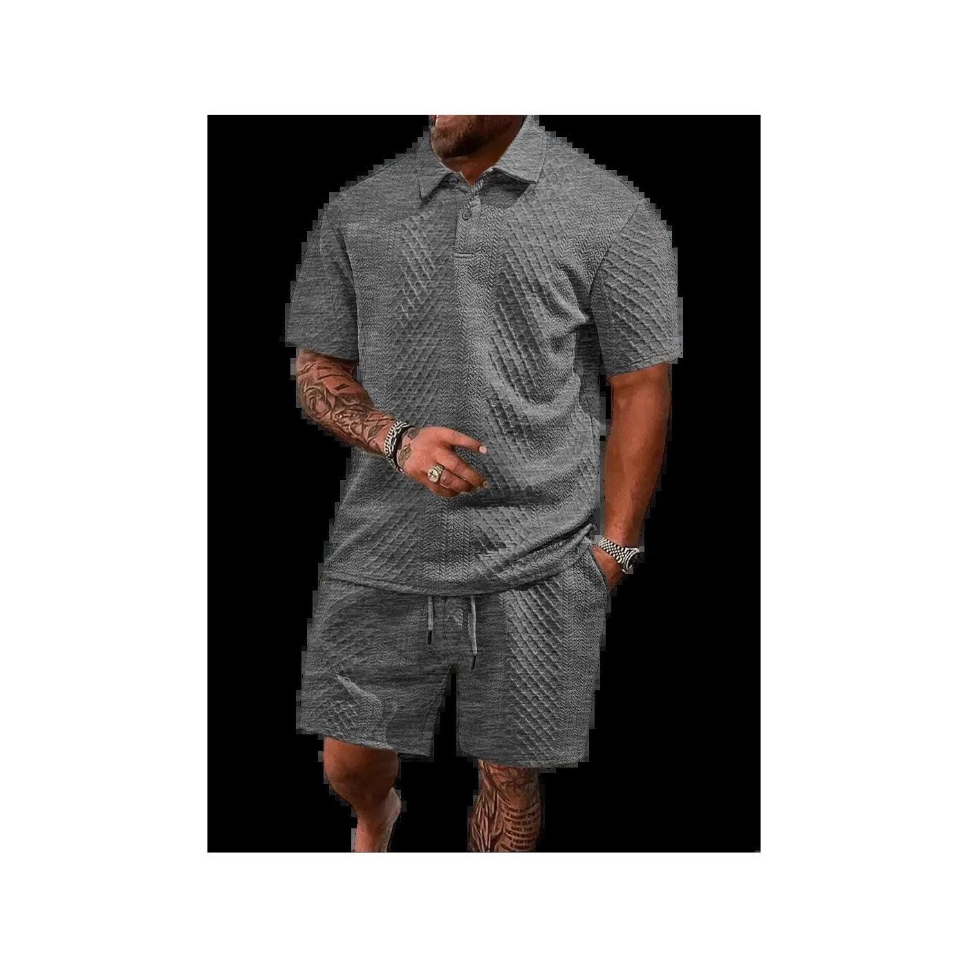 Men's Textured Polo Shirt & Drawstring Shorts Bundle Set