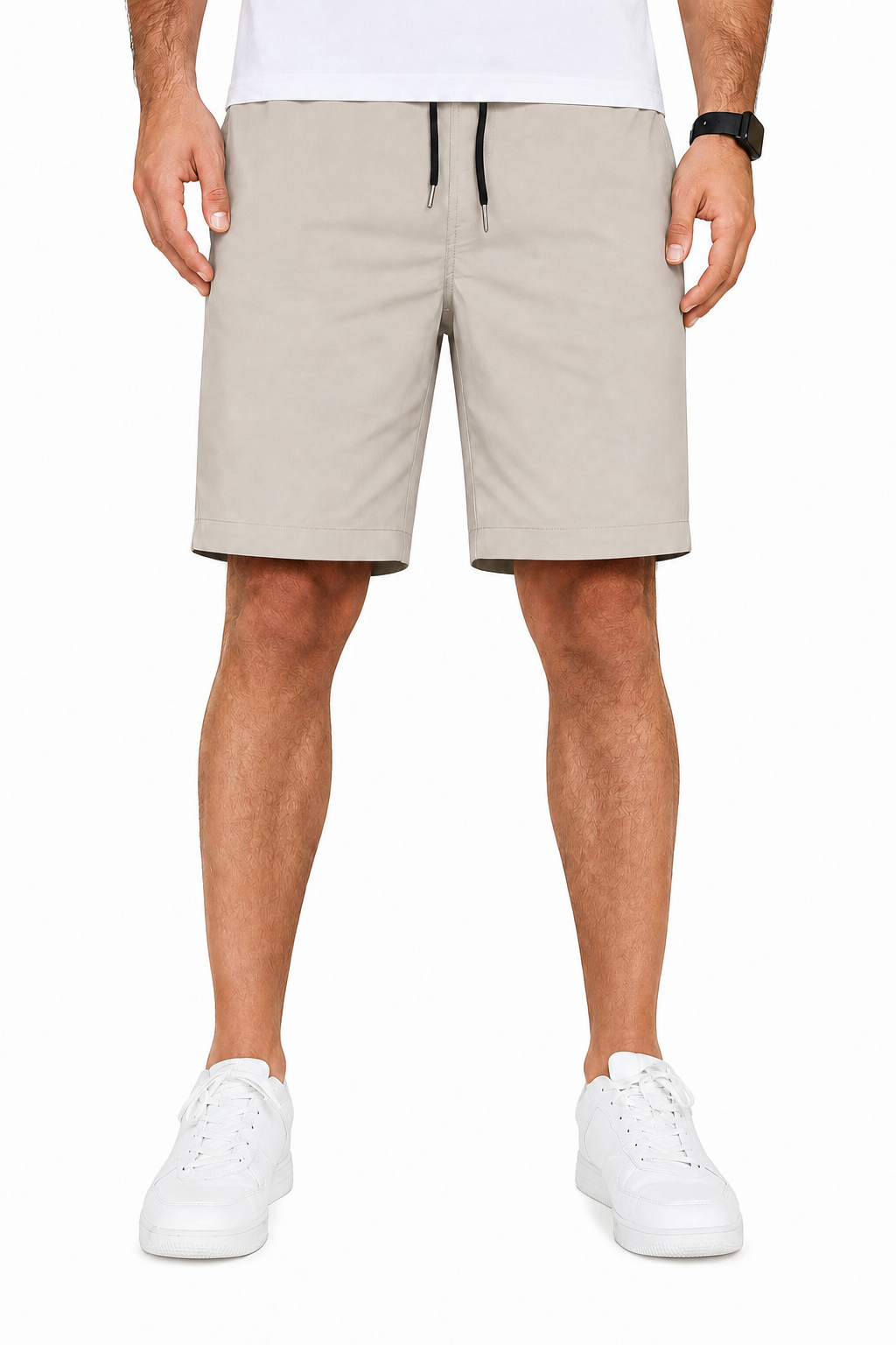 Oyster Sand men's woven drawstring shorts front view