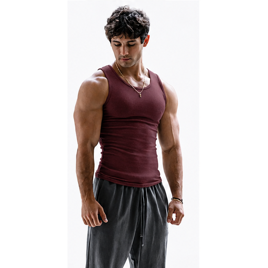 Burgundy men's fitted ribbed tank top