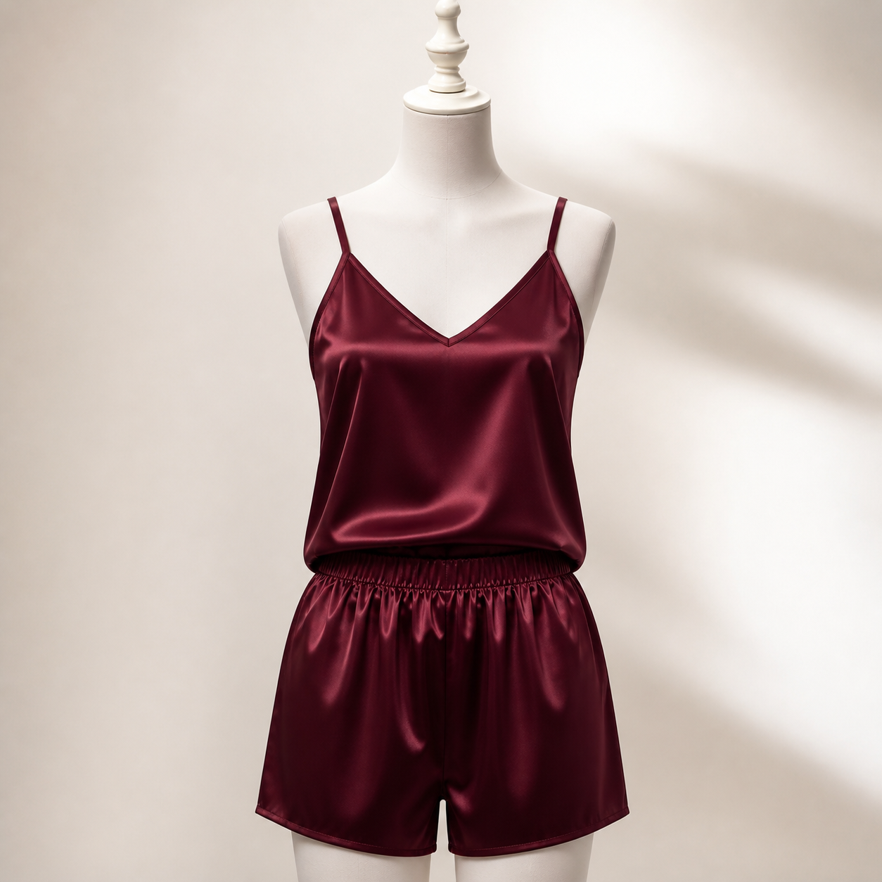 AI generated women's satin cami pajama set - sku wine burgundy