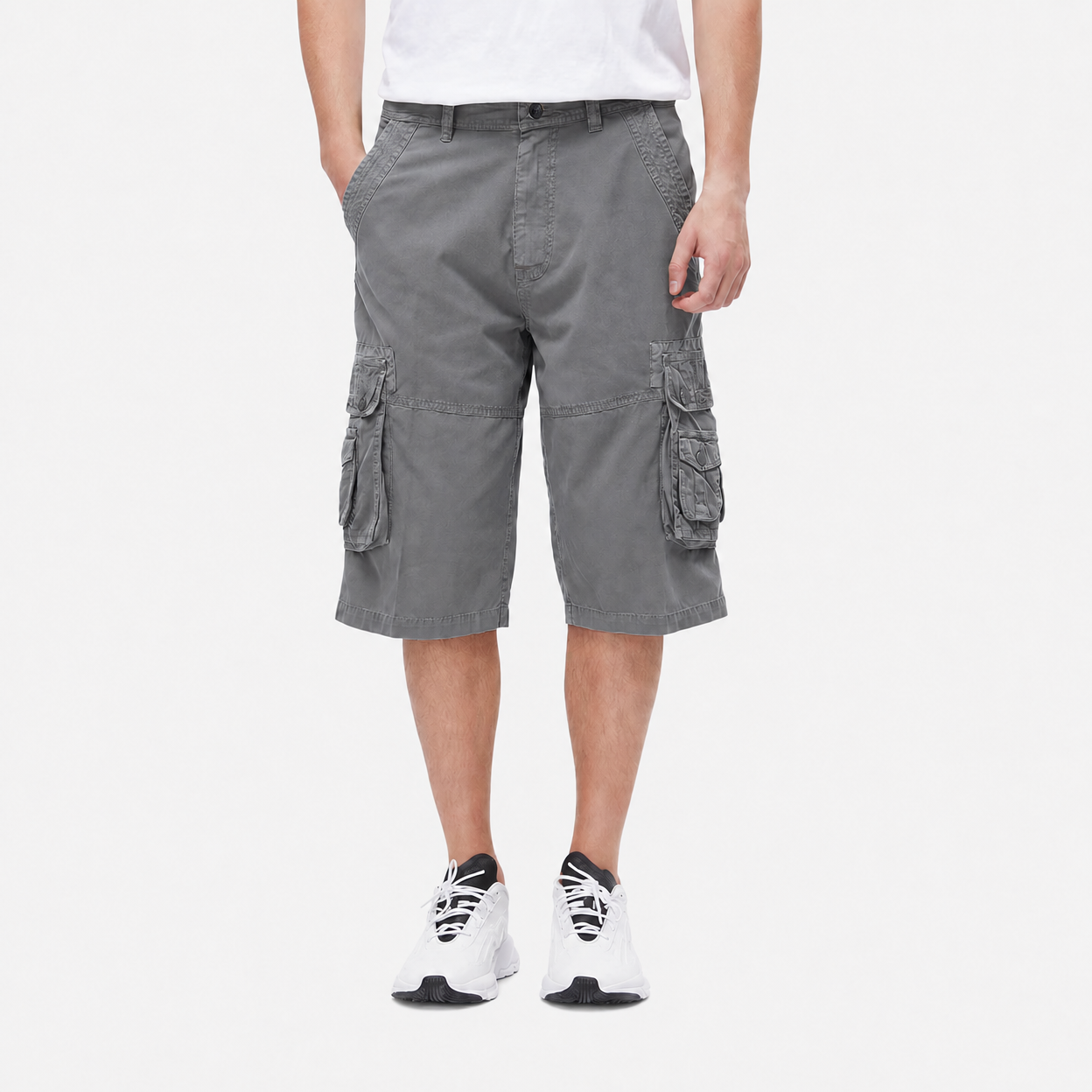 Steel Gray front view of the washed twill cargo capri pants