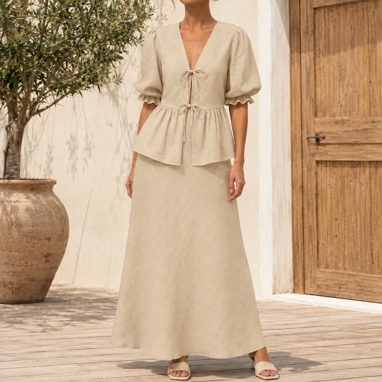 Sand beige tie front puff sleeve top and maxi skirt on model
