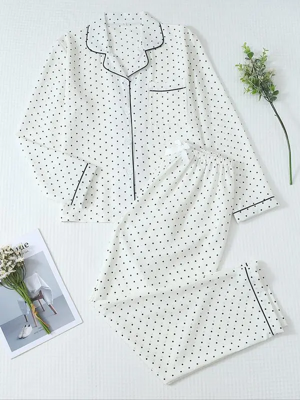 Women's Striped Bow Print LongSleeve Pajama Set, Sweet CuteButton Front Top and Pants