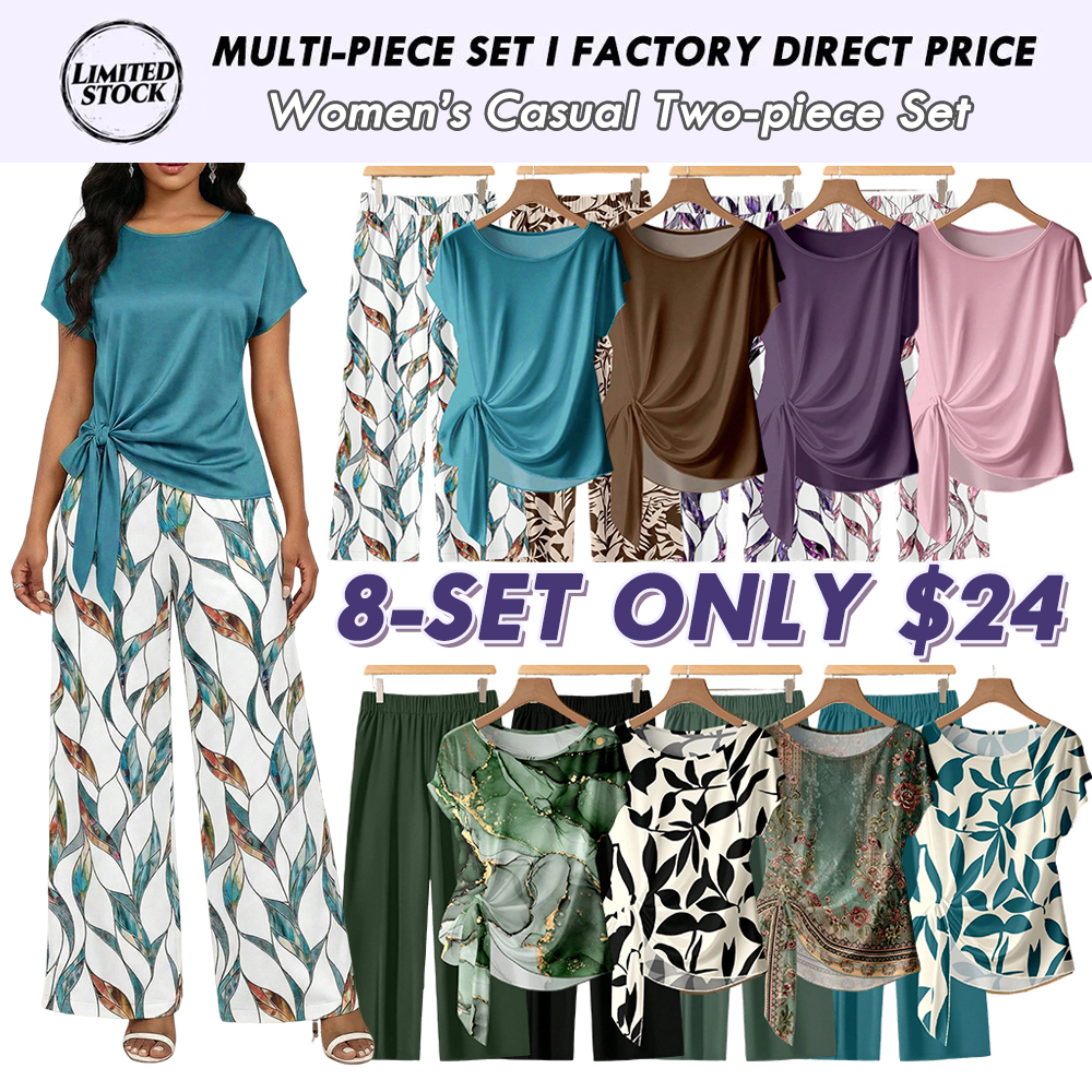 Women s Casual Printed Necktie Shirt & Loose Straight Pant Set