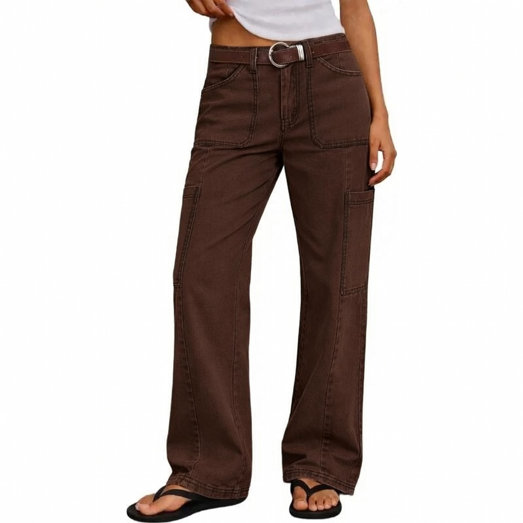 Stitch Detail Mid Waist Straight Leg Cargo Pants Without Belt