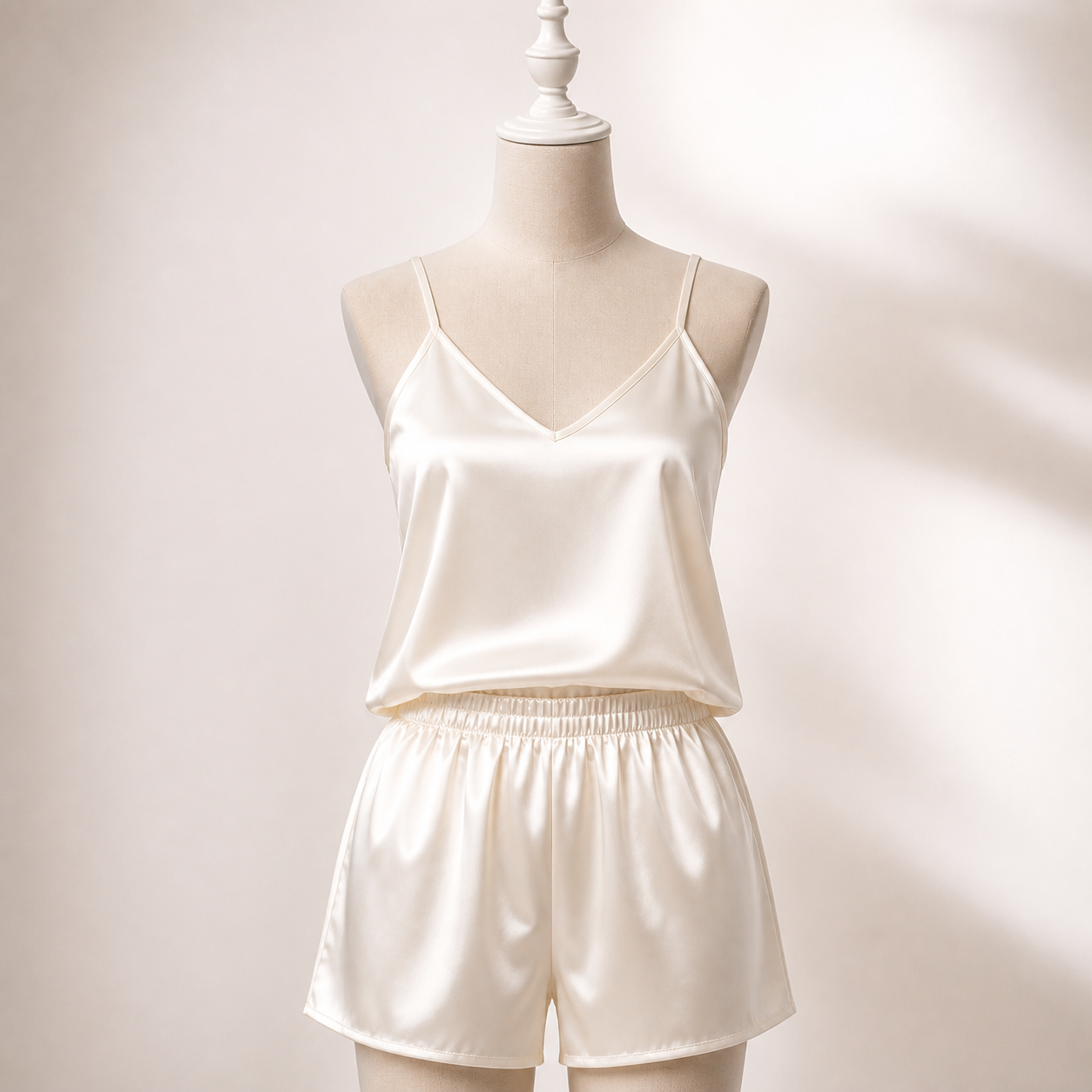 AI generated women's satin cami pajama set - sku pearl white