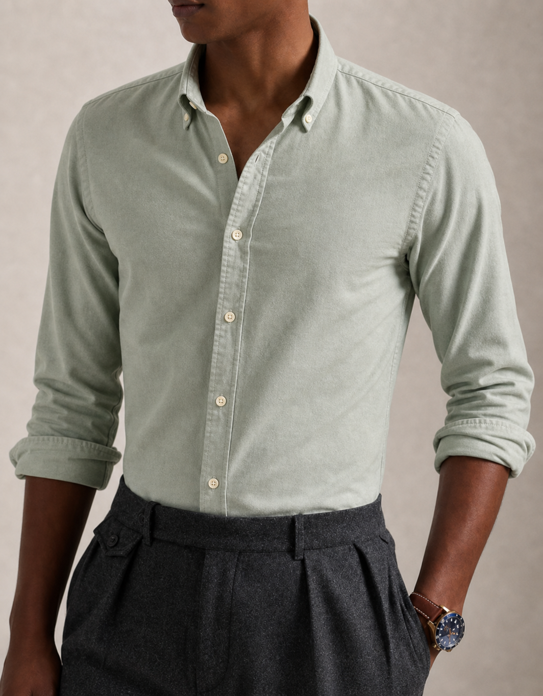 Soft Sage front view oxford shirt