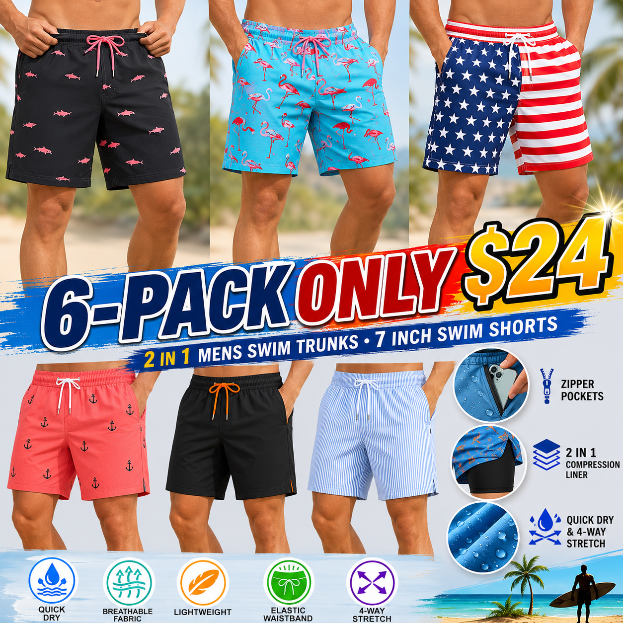 2 in 1 Mens Swim Trunks 7 Inch Swim Shorts