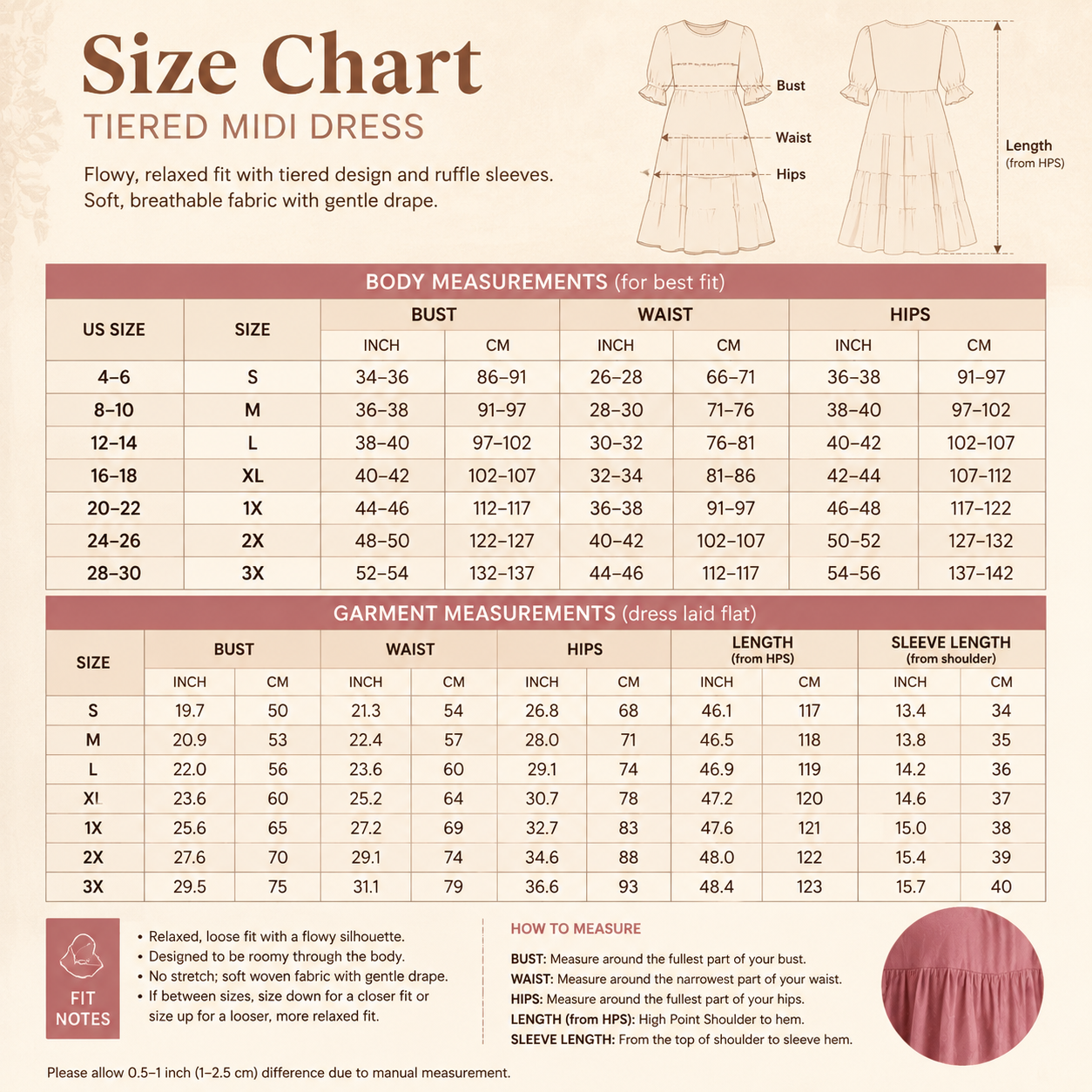Tiered midi dress size chart image