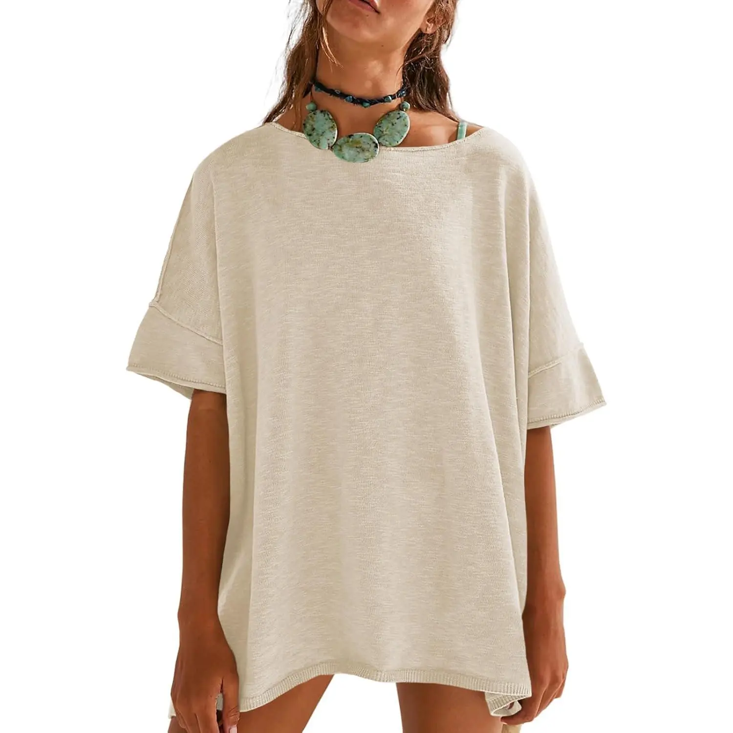 Women's Oversized T Shirts Casual Summer Crew Neck Loose Dropped Short Sleeve Side Slit Hem Blouse Tunic Tops Sweater Tee