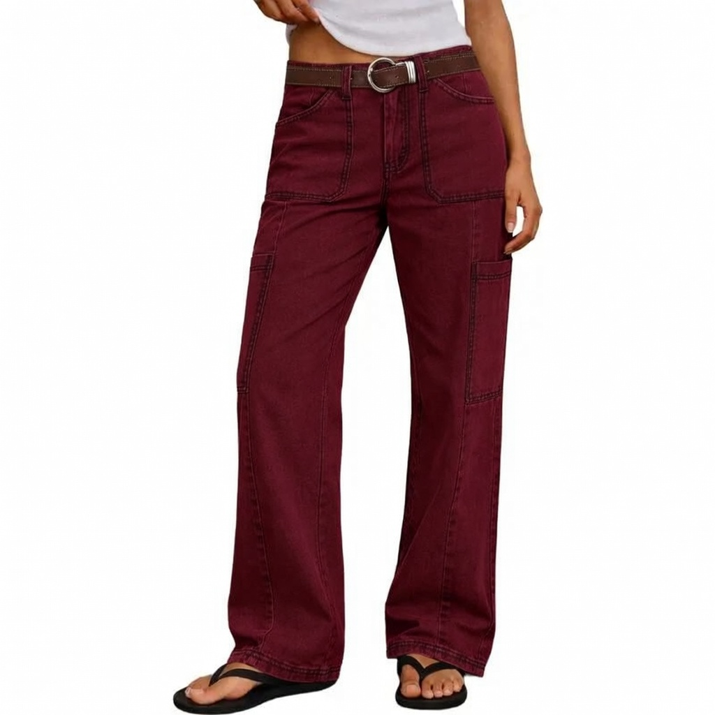 Stitch Detail Mid Waist Straight Leg Cargo Pants Without Belt