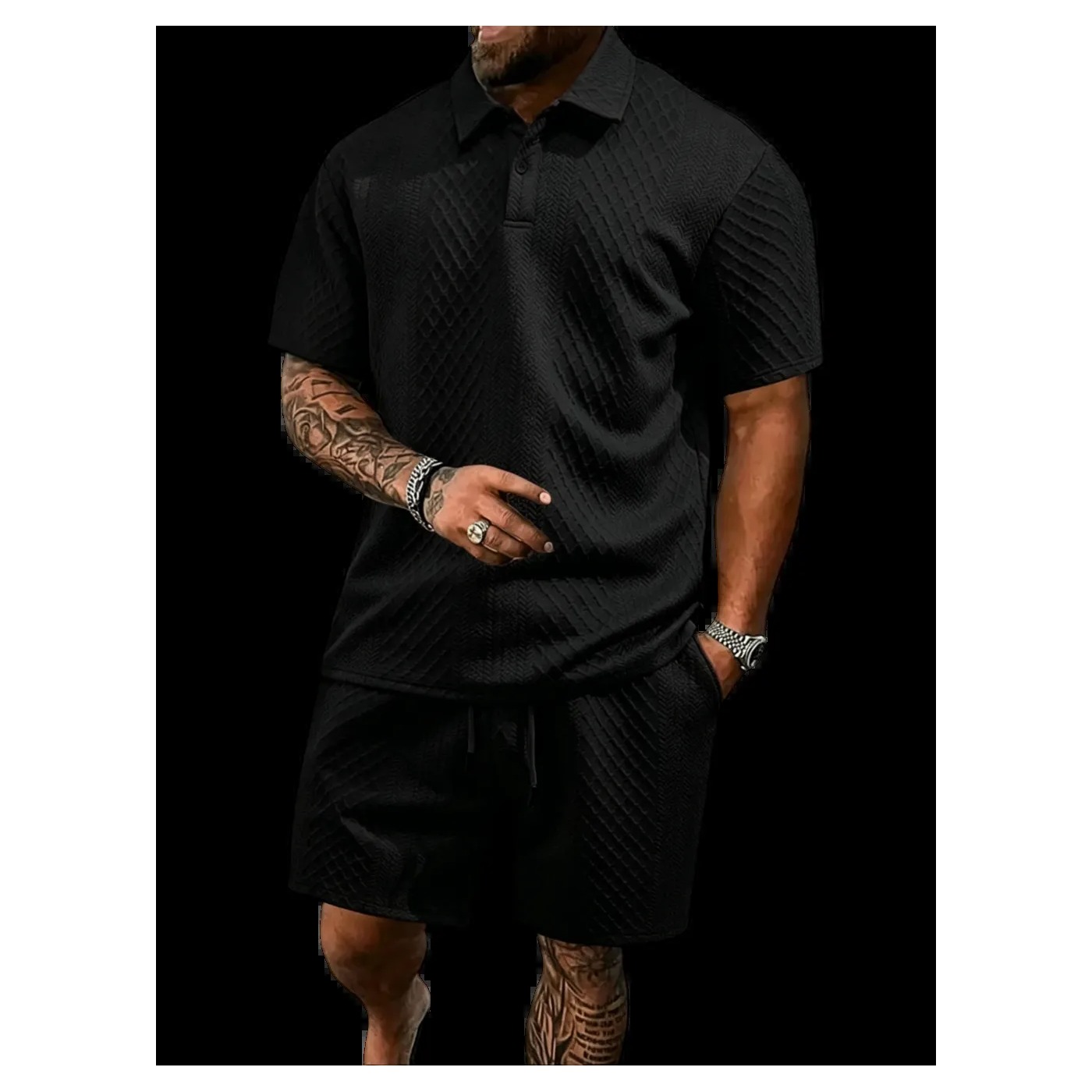 Men's Textured Polo Shirt & Drawstring Shorts Bundle Set
