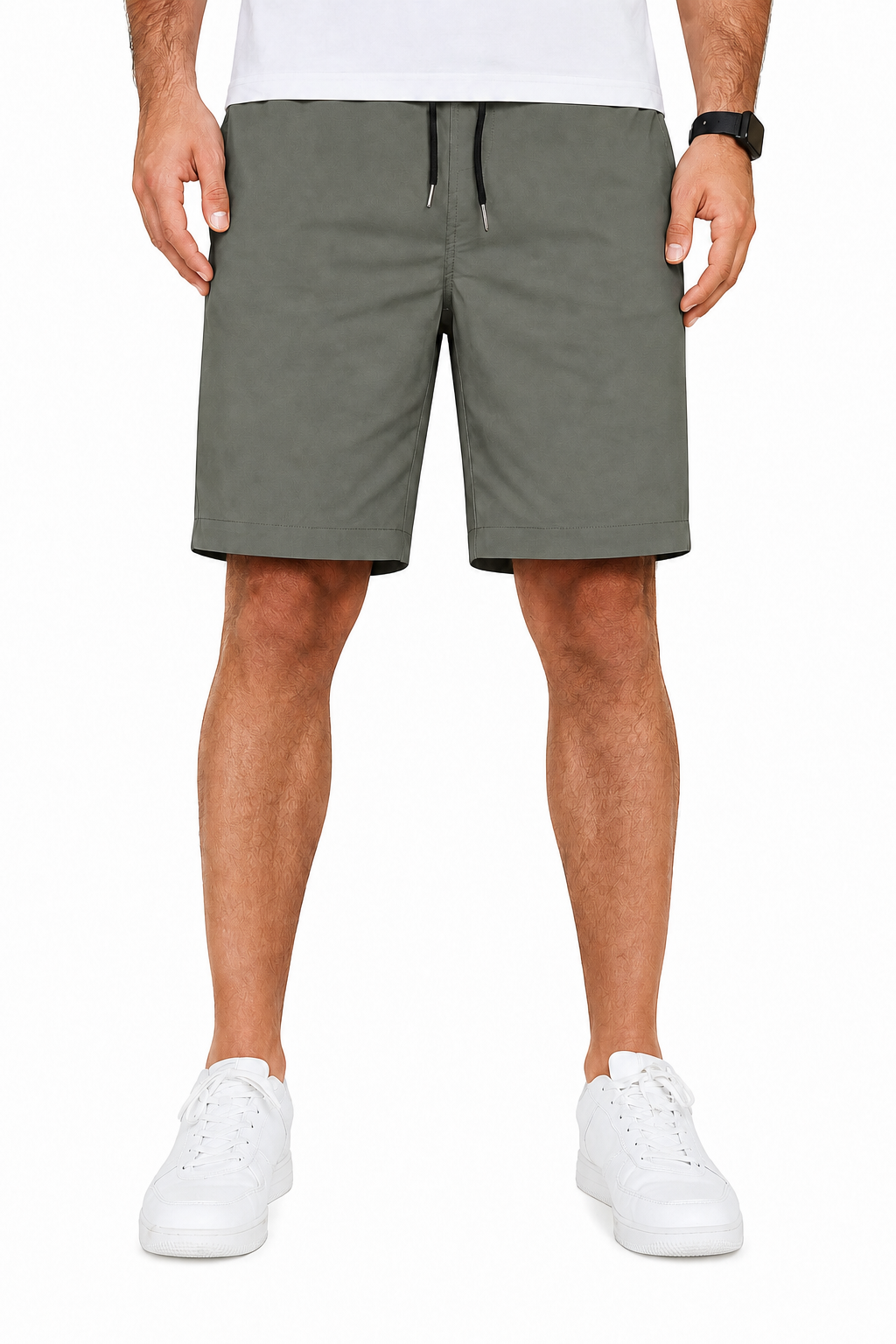 Dusty Sage men's woven drawstring shorts front view