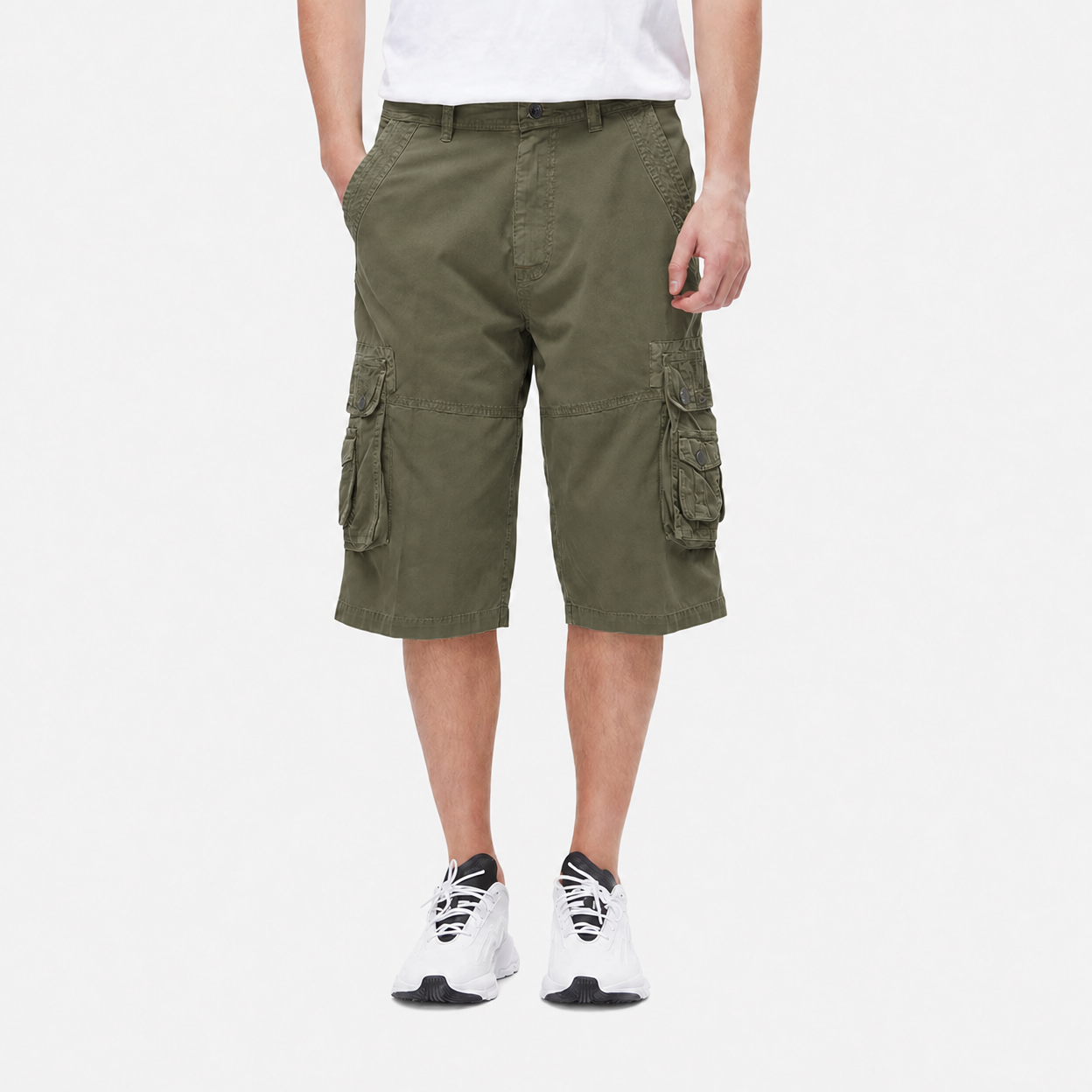 Ranger Olive front view of the washed twill cargo capri pants