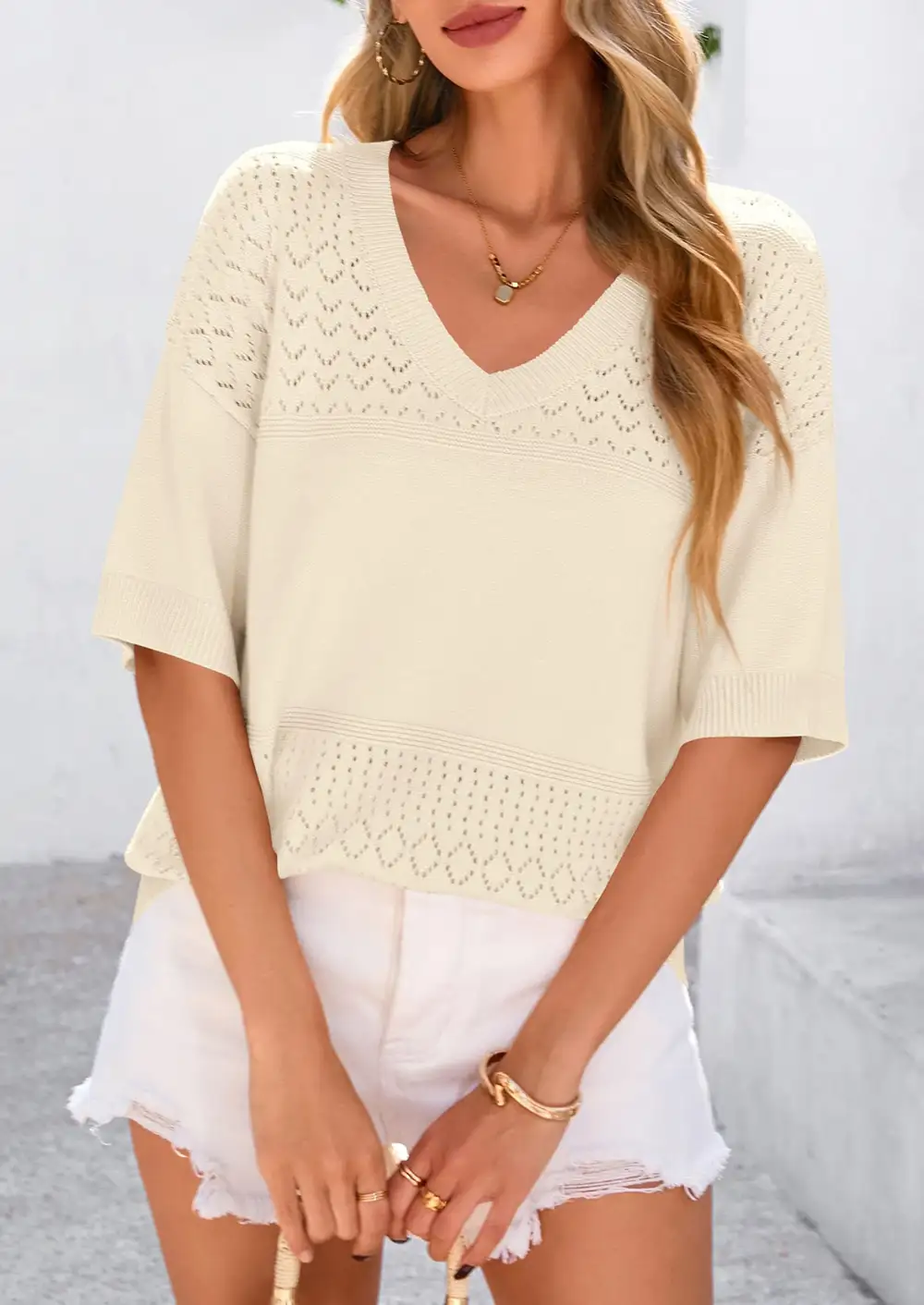 Women's ShortSleeve Sweater Tops SpringSummer Casual V Neck Ribbed KnitTrendy Eyelet Blouse T Shirts