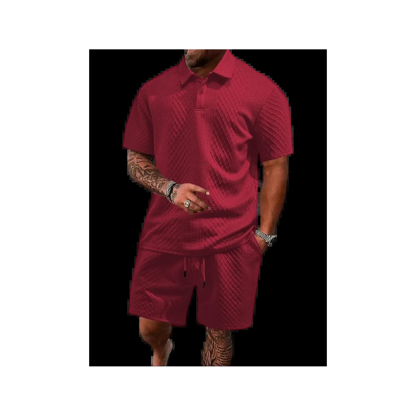 Men's Textured Polo Shirt & Drawstring Shorts Bundle Set