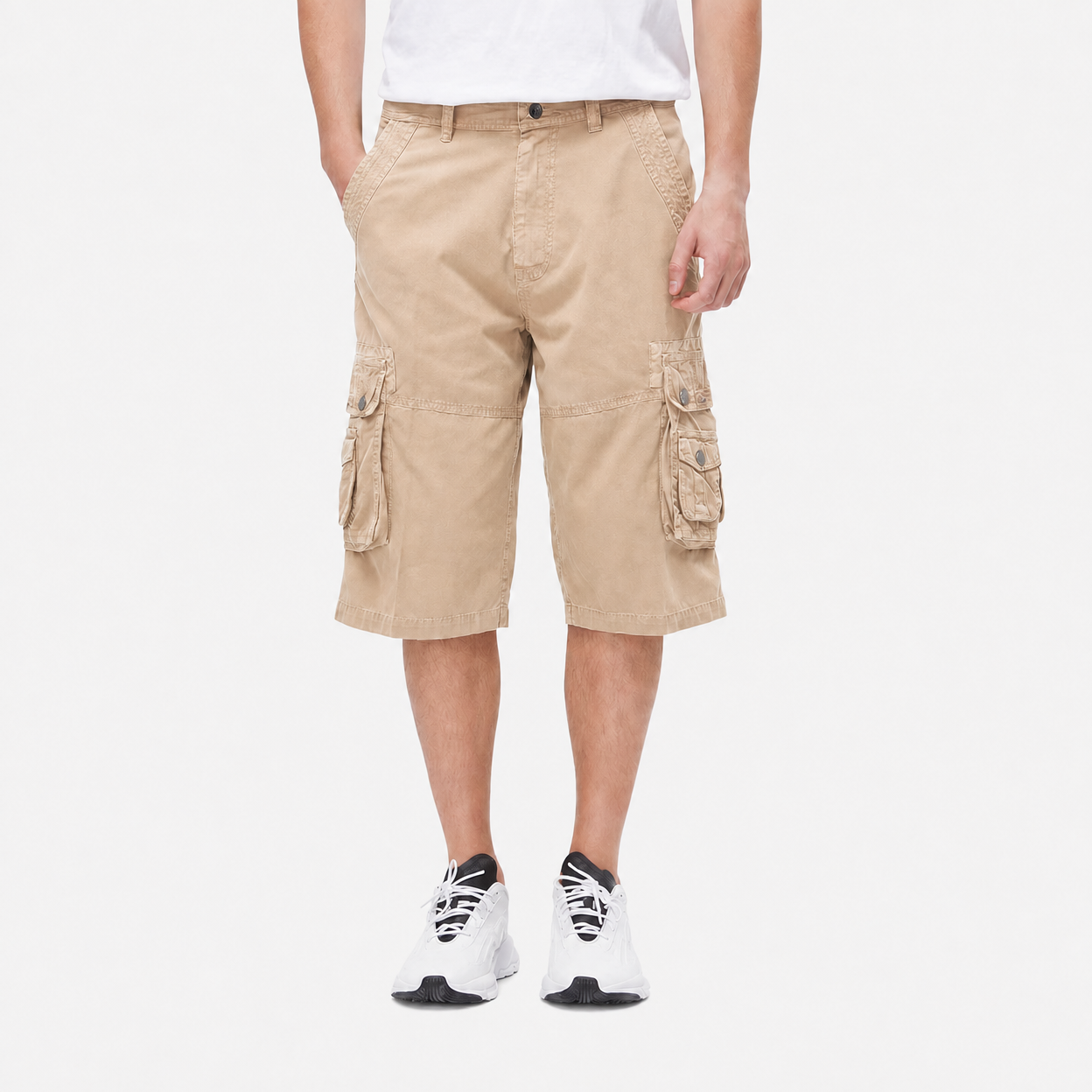 Desert Sand front view of the washed twill cargo capri pants