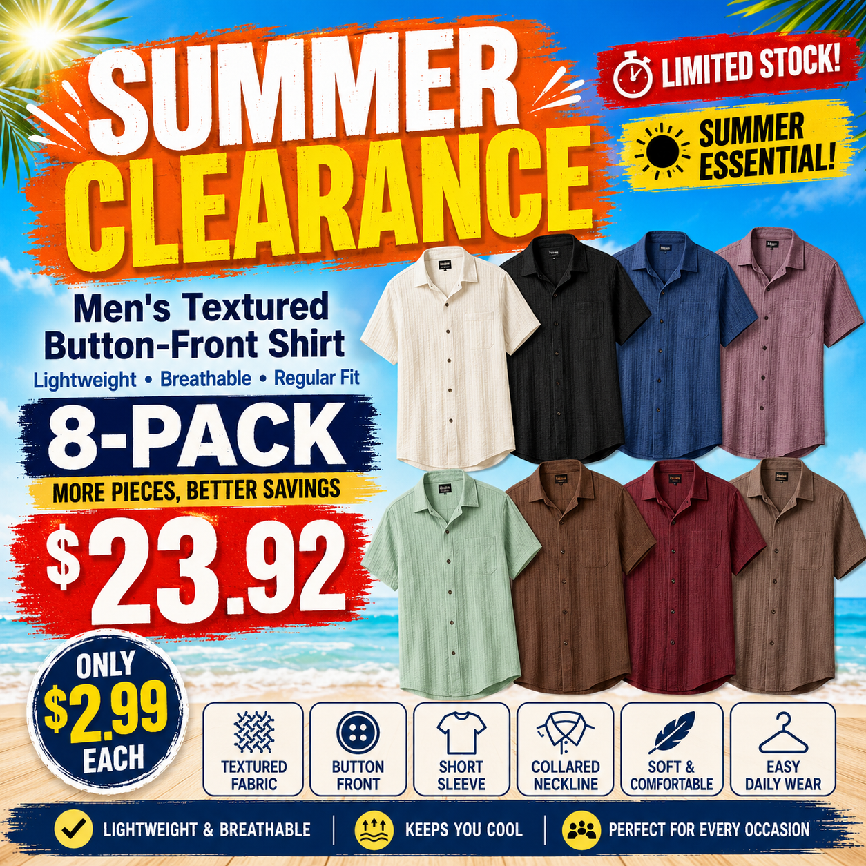 Men's Casual Textured Button Down Shirt - Summer Fit