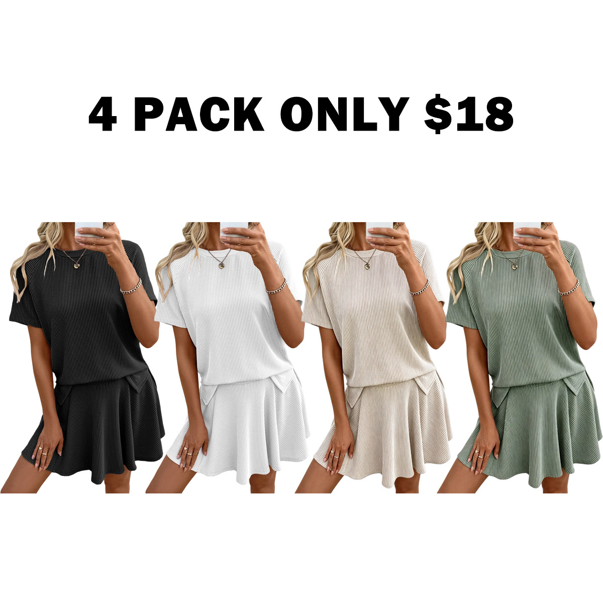 Women's 2 Piece Sets Ribbed Knit Short Sleeve Tops & Lined Pleated Mini Skirt Lounge Sets