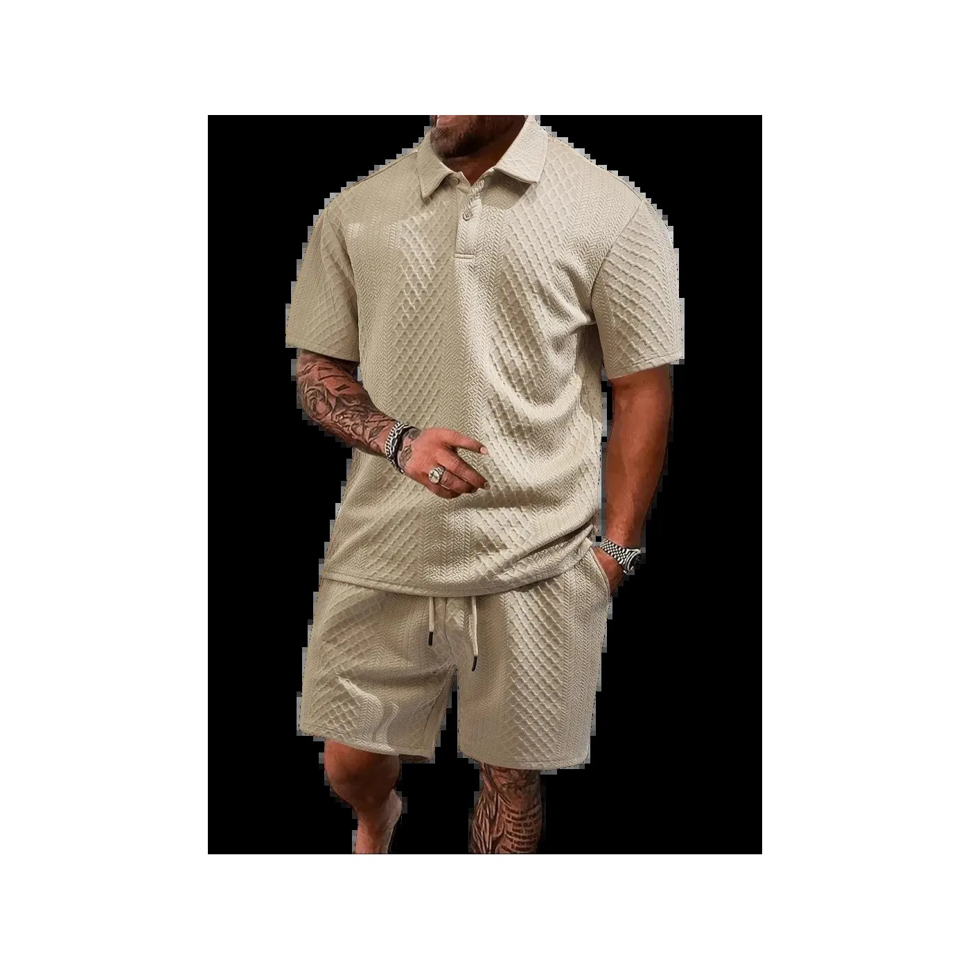 Men's Textured Polo Shirt & Drawstring Shorts Bundle Set