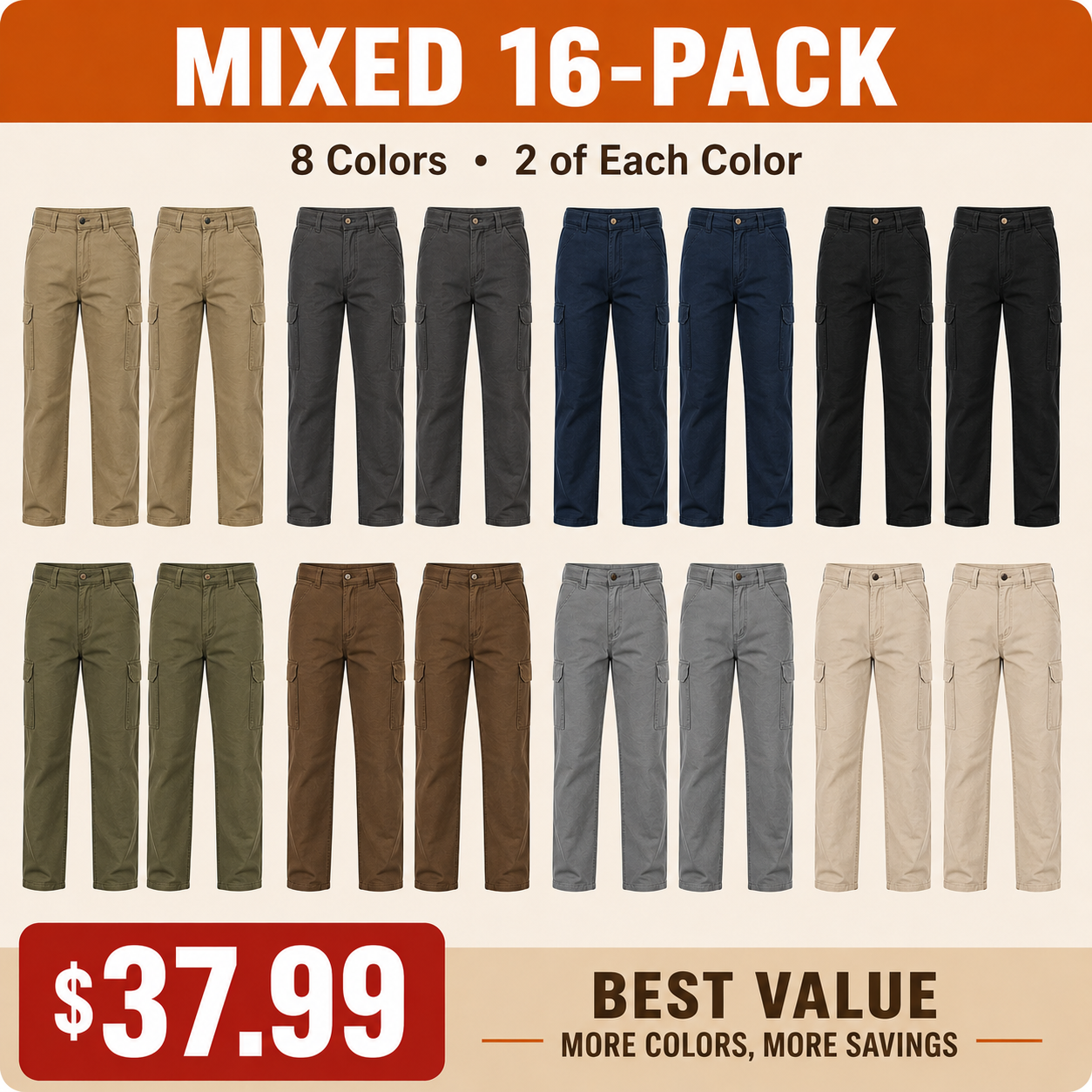 Mixed 16-Pack cargo pants bundle with two of each color