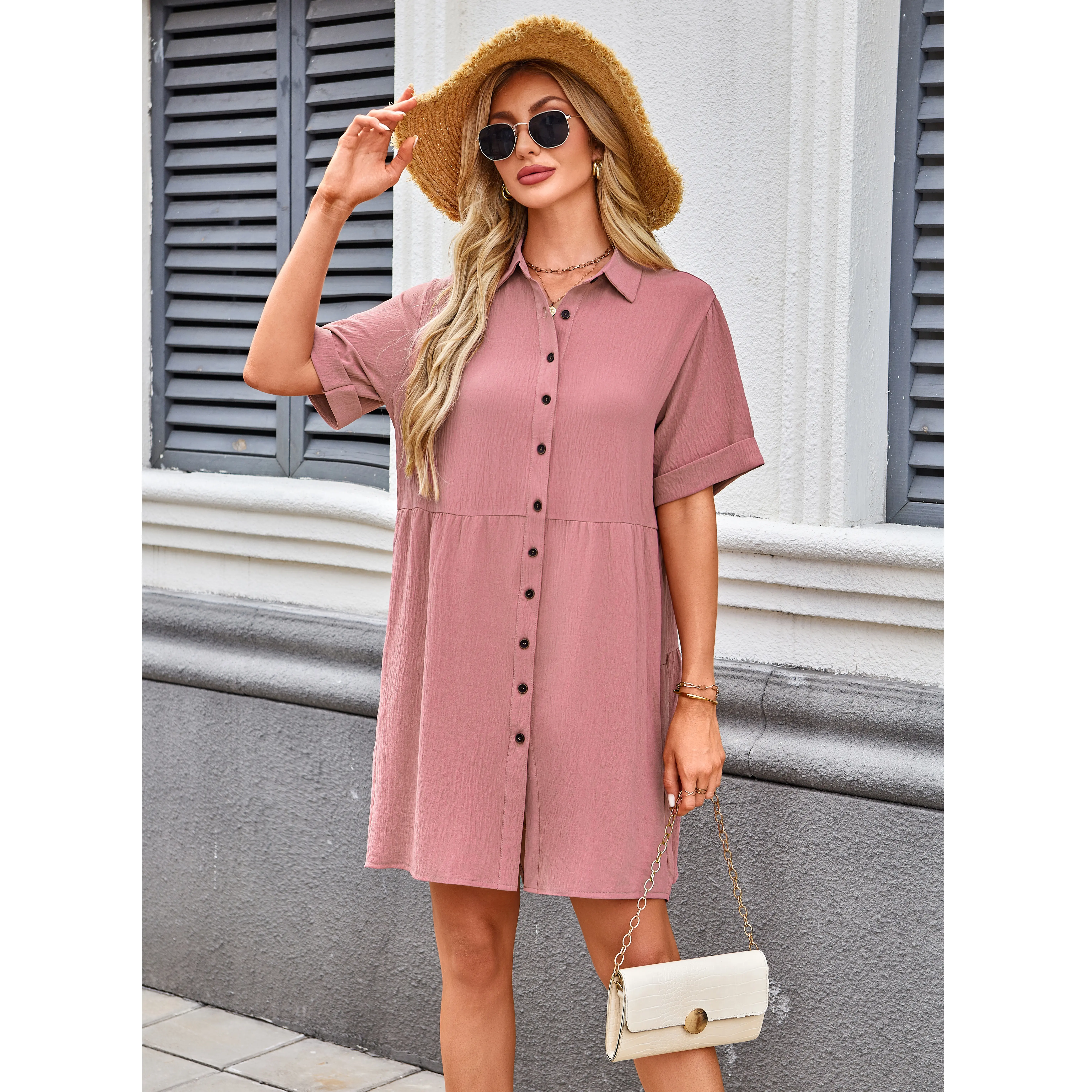 Babydoll Dress for Women Short Sleeve Button Down Textured Non-clingy Loose Fit Flowy Mini Dress with Pockets