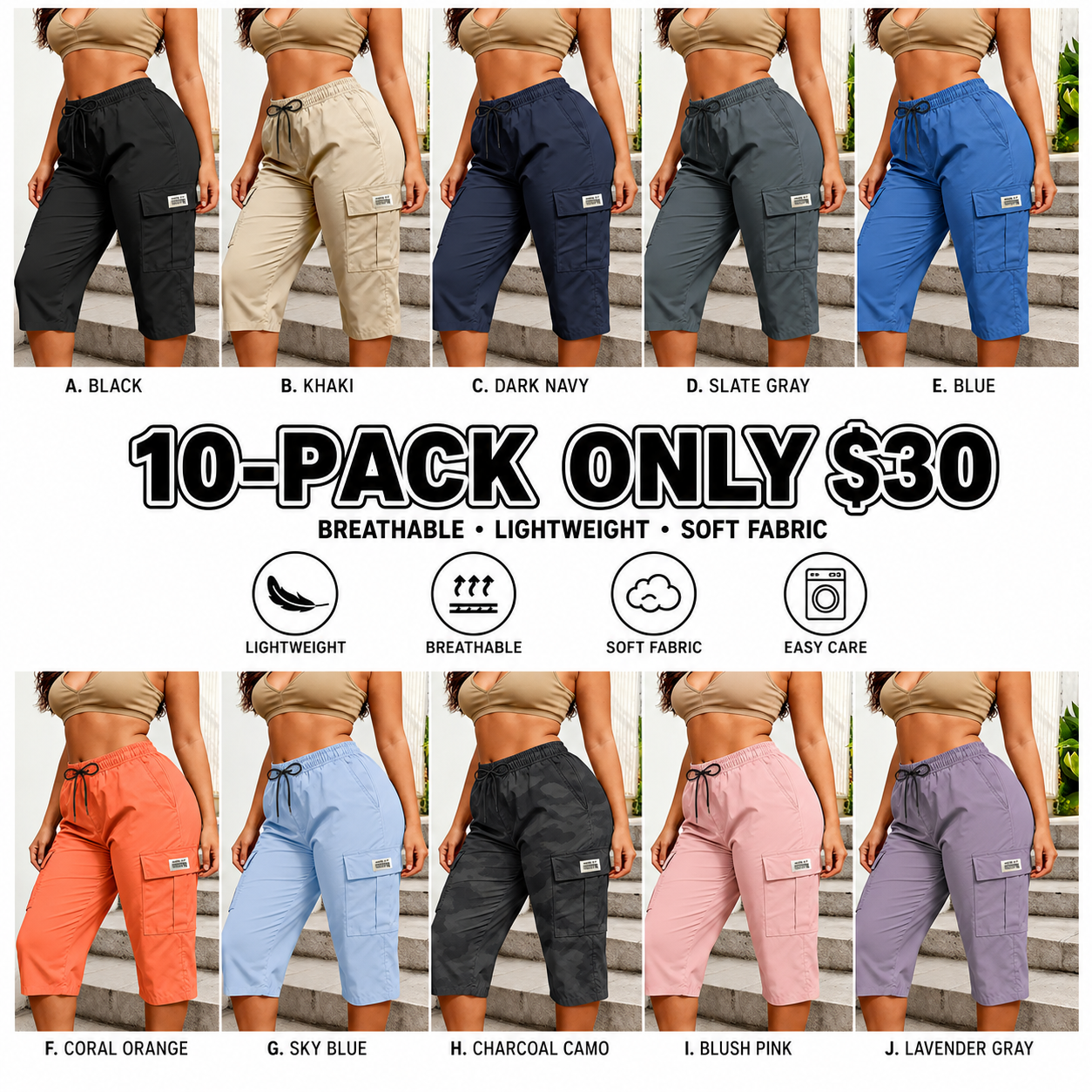 Women Solid Cargo Capri Pant Elastic Drawstring Waist Multi Flap Pockets