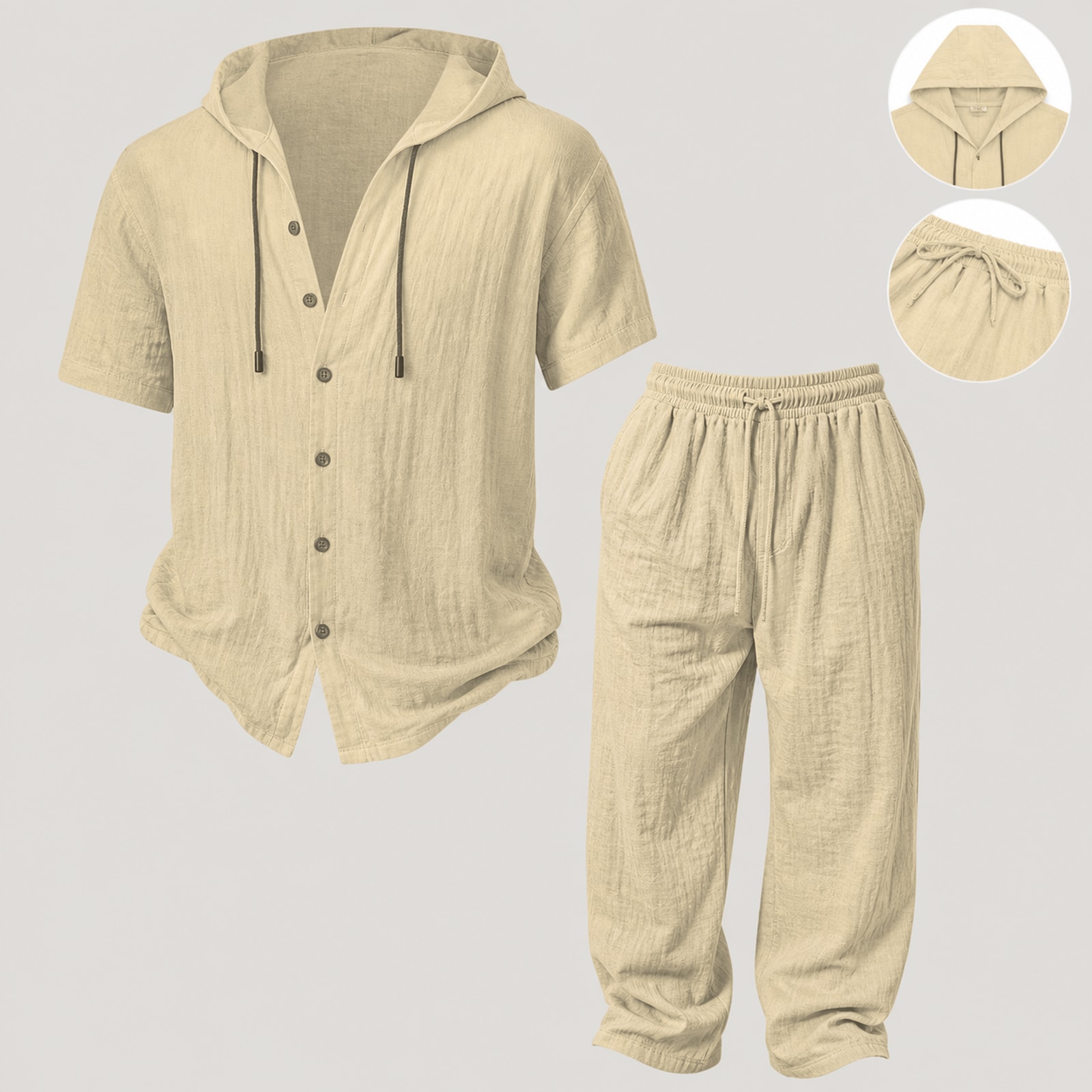 Mens Summer Hooded Sweatshirt Wide Leg Pants Set Mens Simple Casual Hooded Short Sleeve Shirt Button Loose Wide Leg Pants Holiday Relaxed Short Sleeve Two-piece Set Sand 1 Set