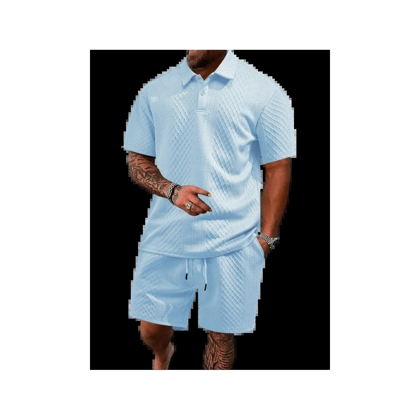 Men's Textured Polo Shirt & Drawstring Shorts Bundle Set