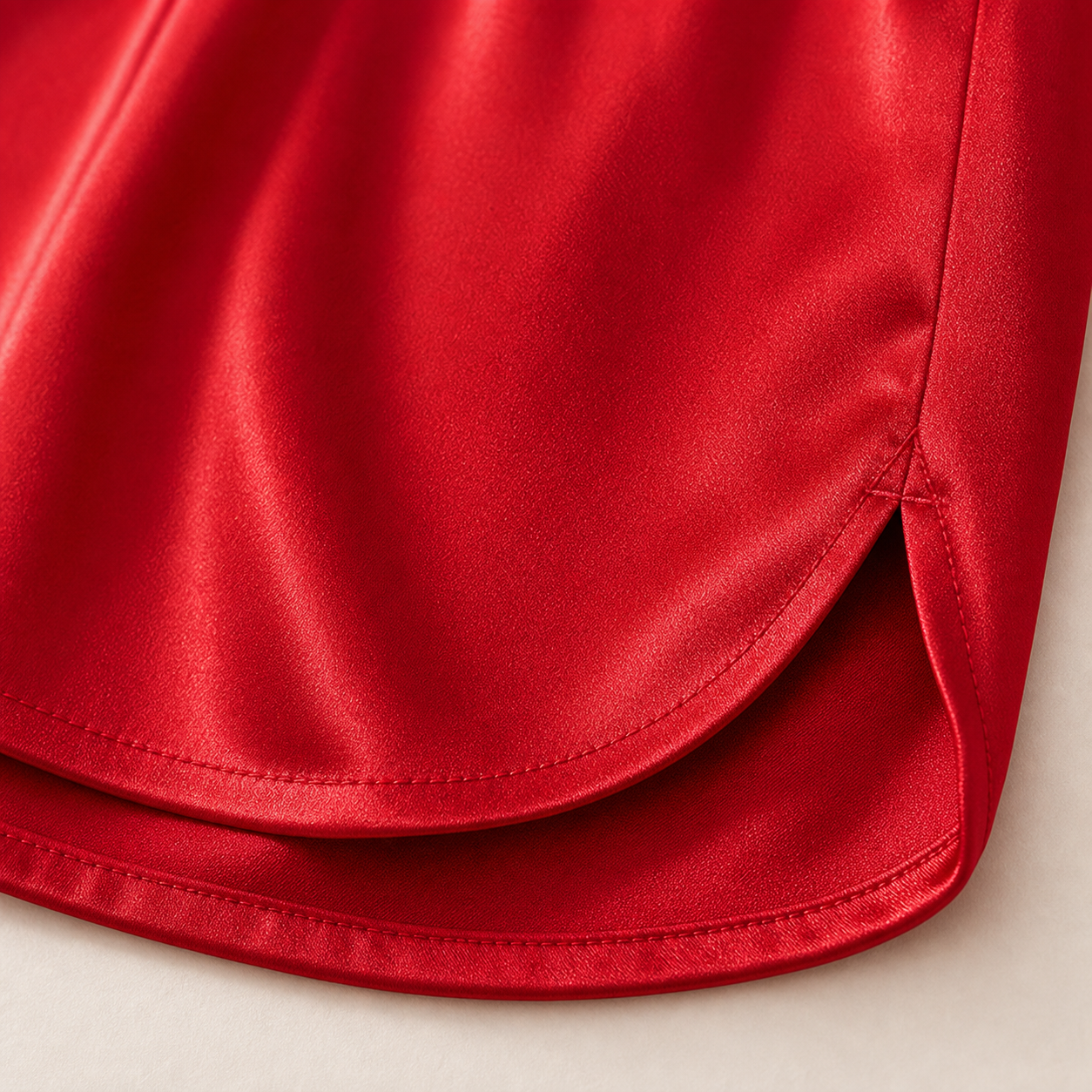 AI generated women's satin cami pajama set - detail shorts hem