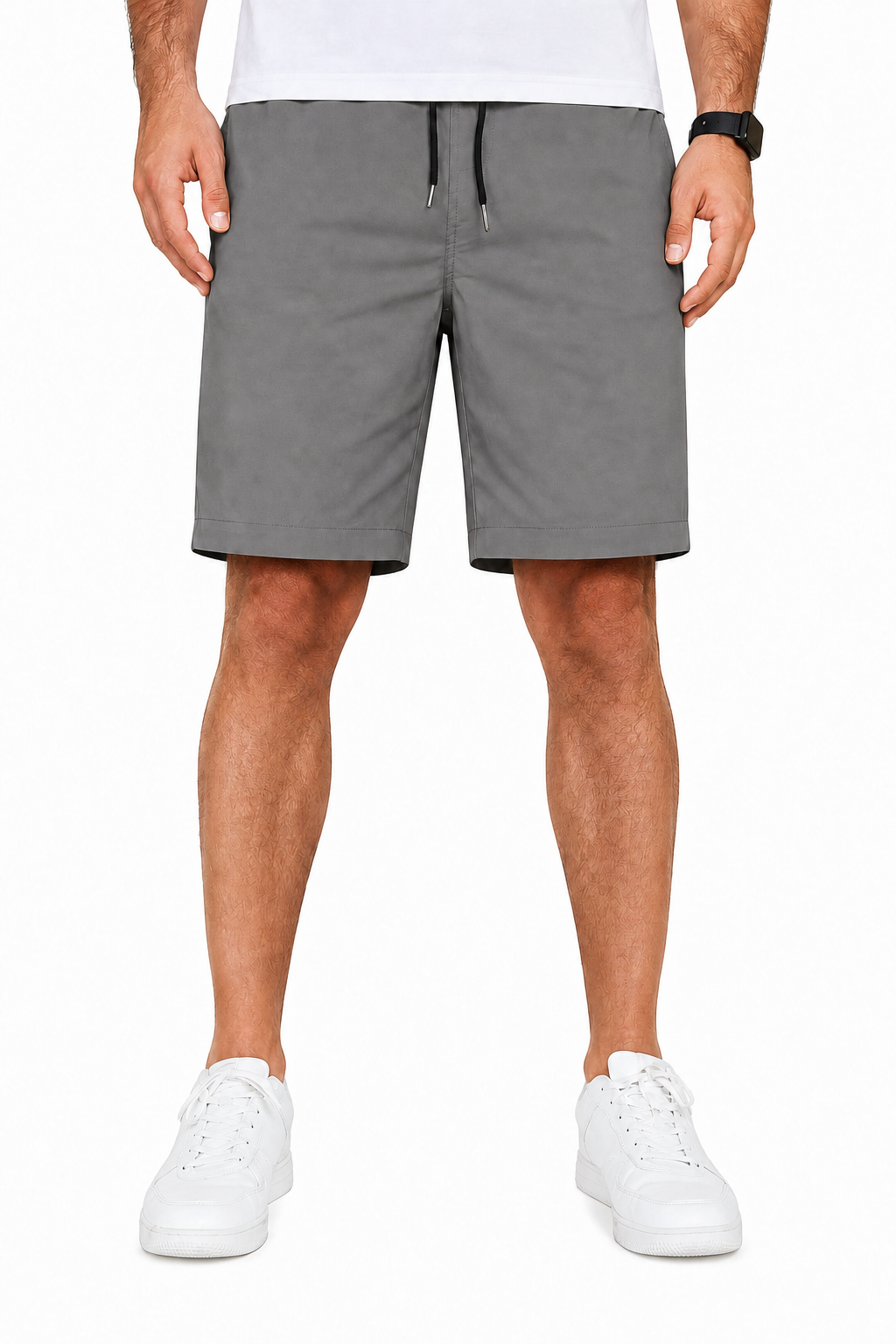 Pebble Gray men's woven drawstring shorts front view