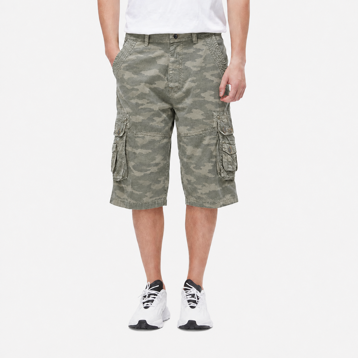Sagebrush Camo front view of the washed twill cargo capri pants