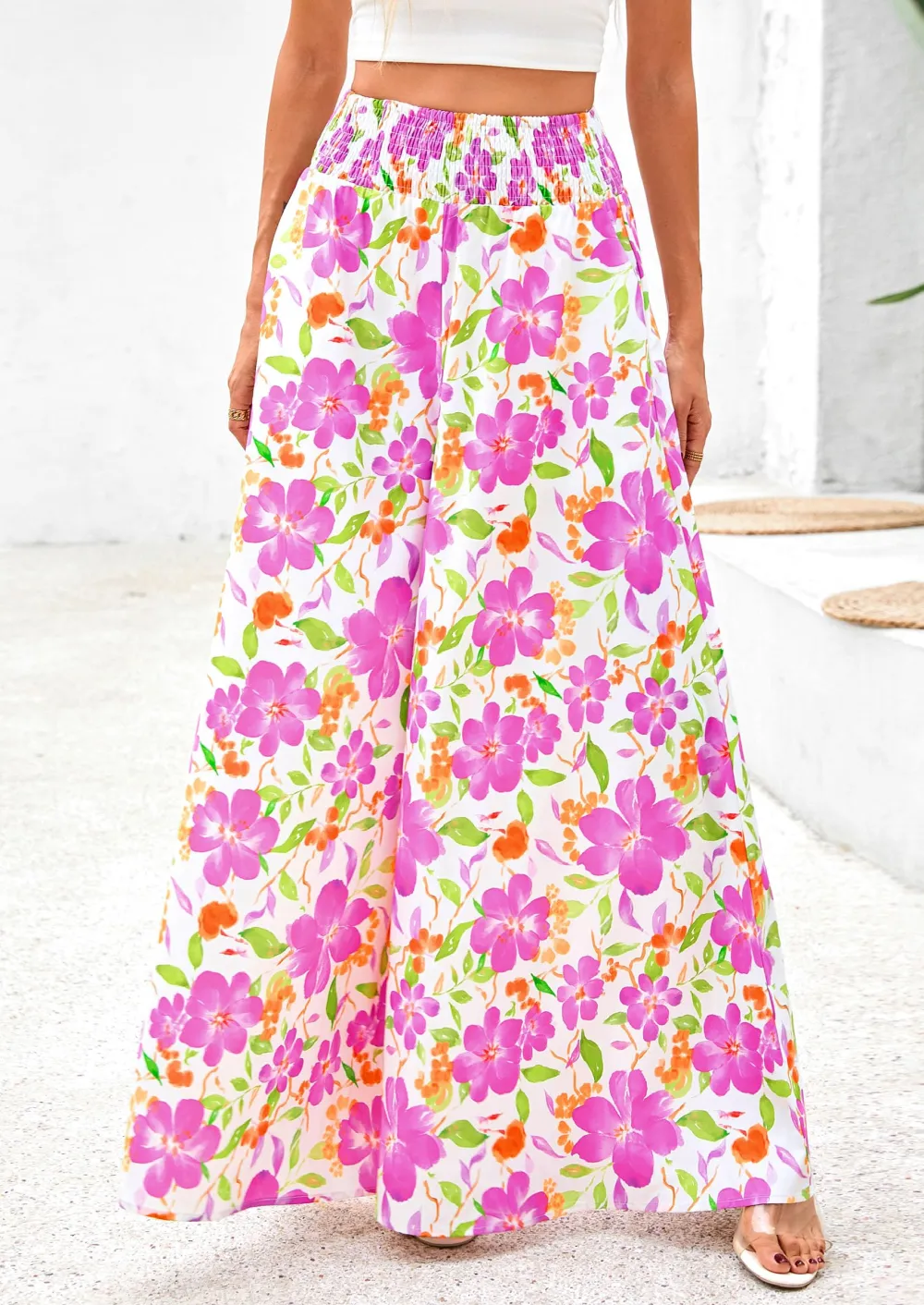 Casual Elastic High WaistedPockets Boho Beach Wide LegPalazzo Pants