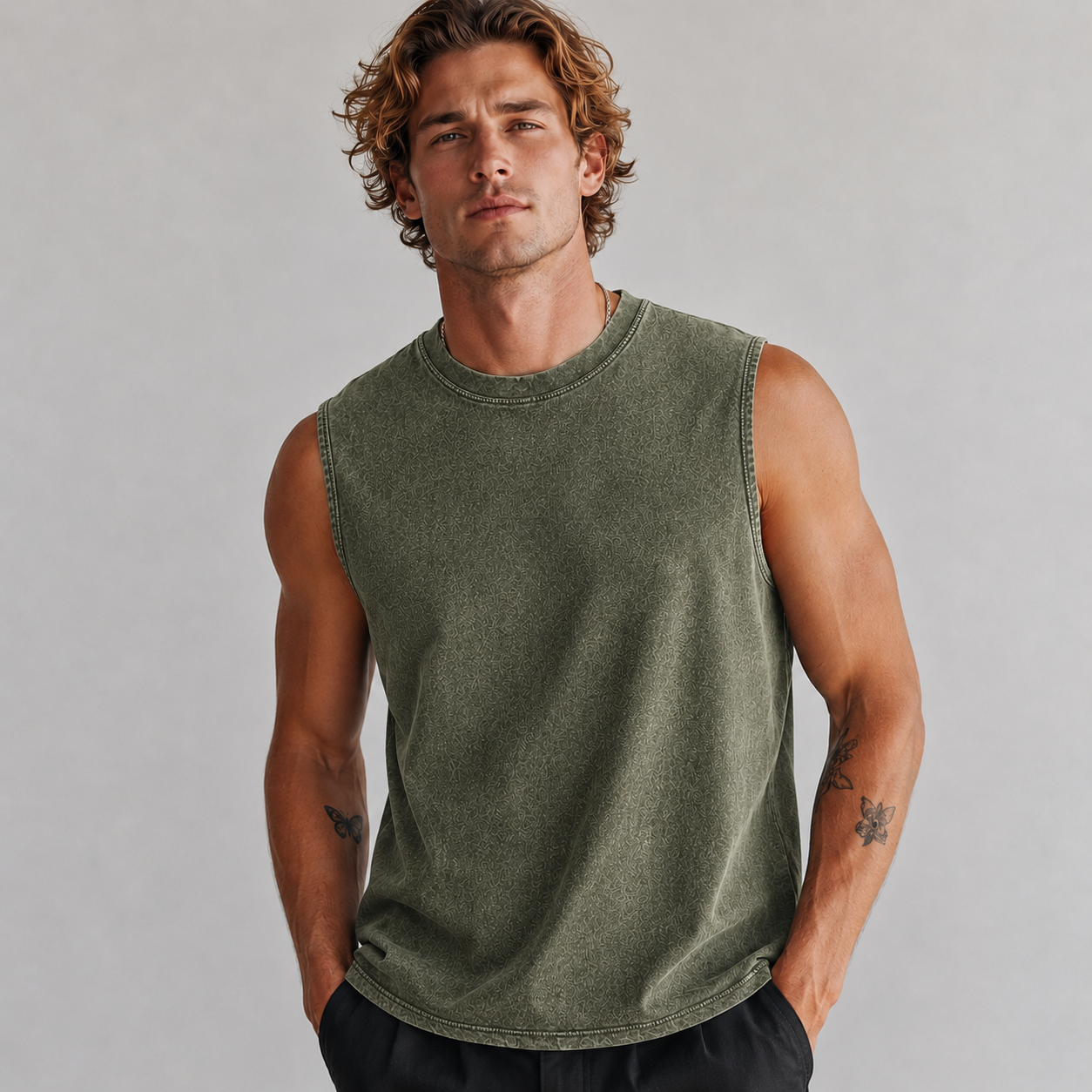 Washed Olive men's sleeveless tank top