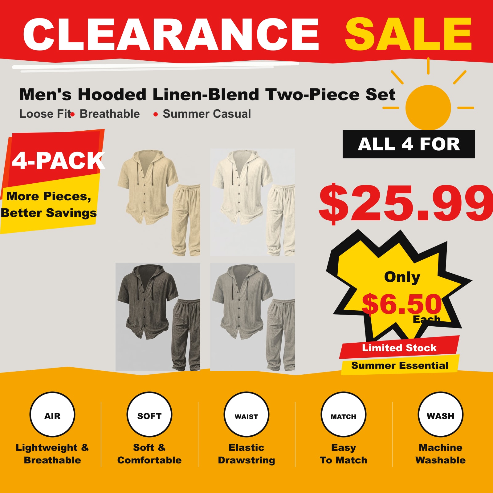 Mens Summer Hooded Sweatshirt Wide Leg Pants Set Mens Simple Casual Hooded Short Sleeve Shirt Button Loose Wide Leg Pants Holiday Relaxed Short Sleeve Two-piece Set 4 PCS Mixed Colors 4 PCS