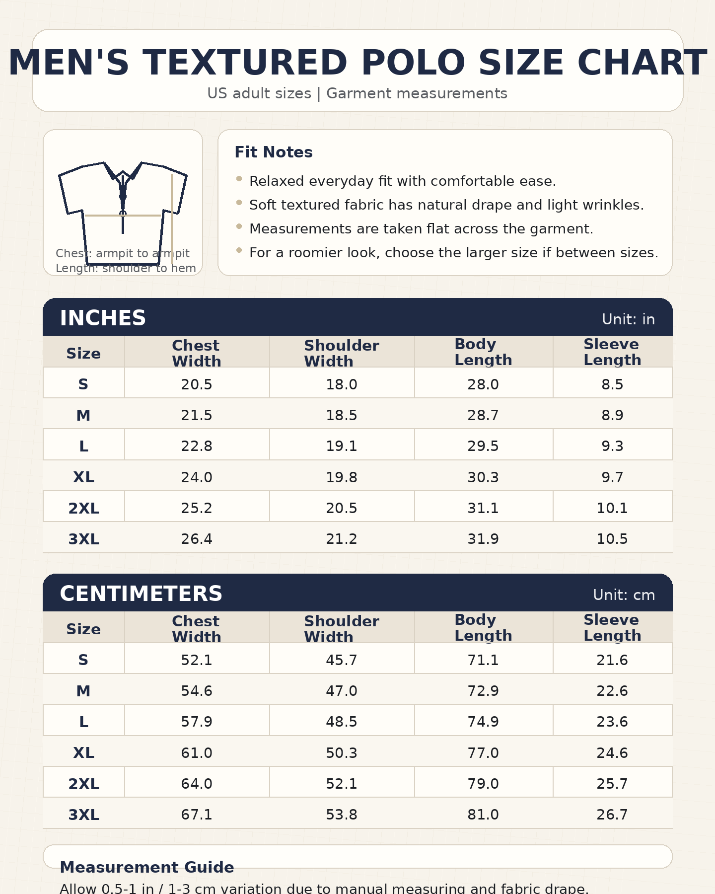 Men's textured polo size chart
