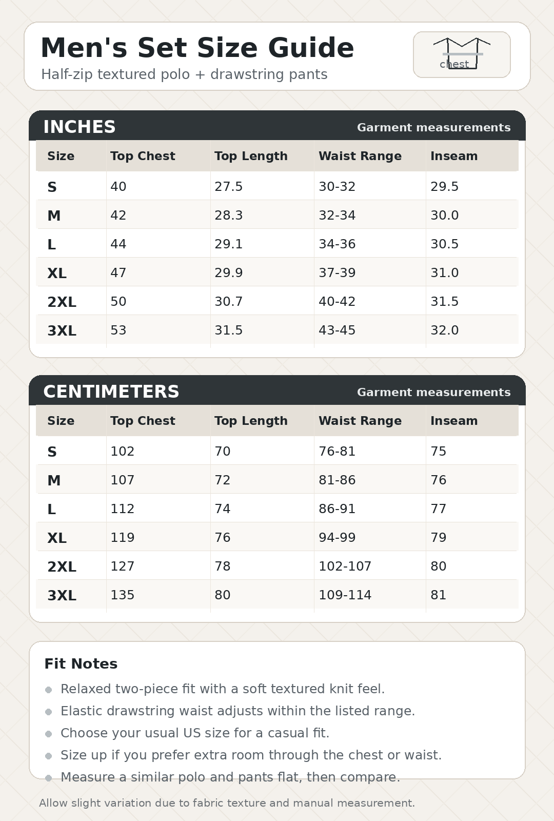 Men's textured half-zip polo and pants set size guide