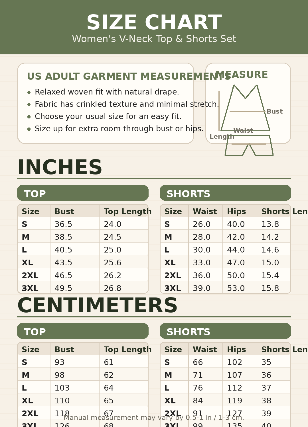 Size chart for the women's V neck top and shorts set