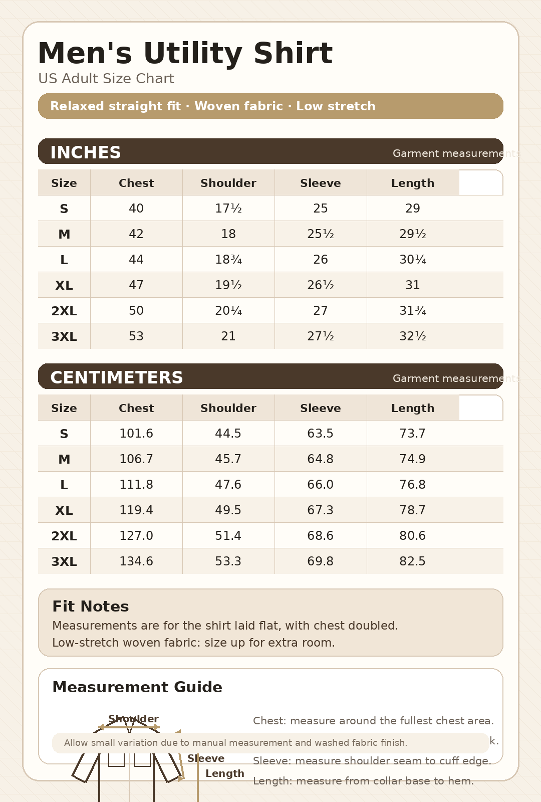 Mens utility shirt size chart