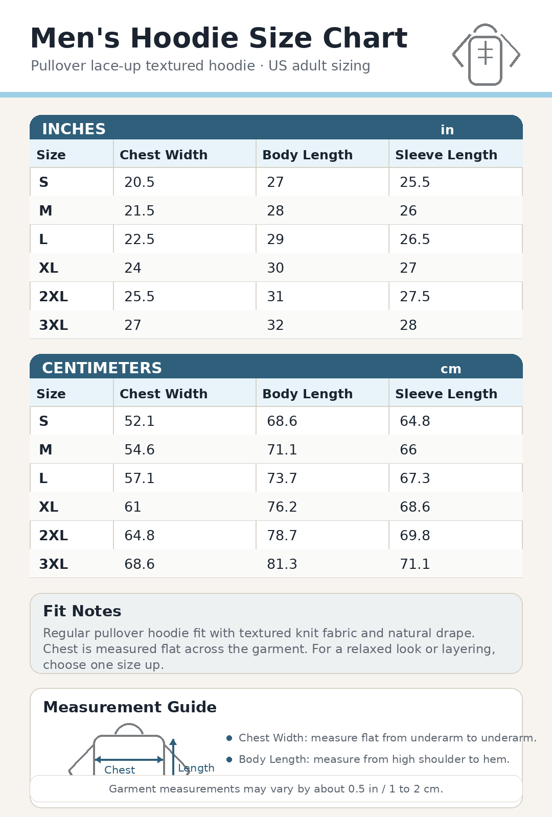 Men's textured lace-up hoodie size guide image